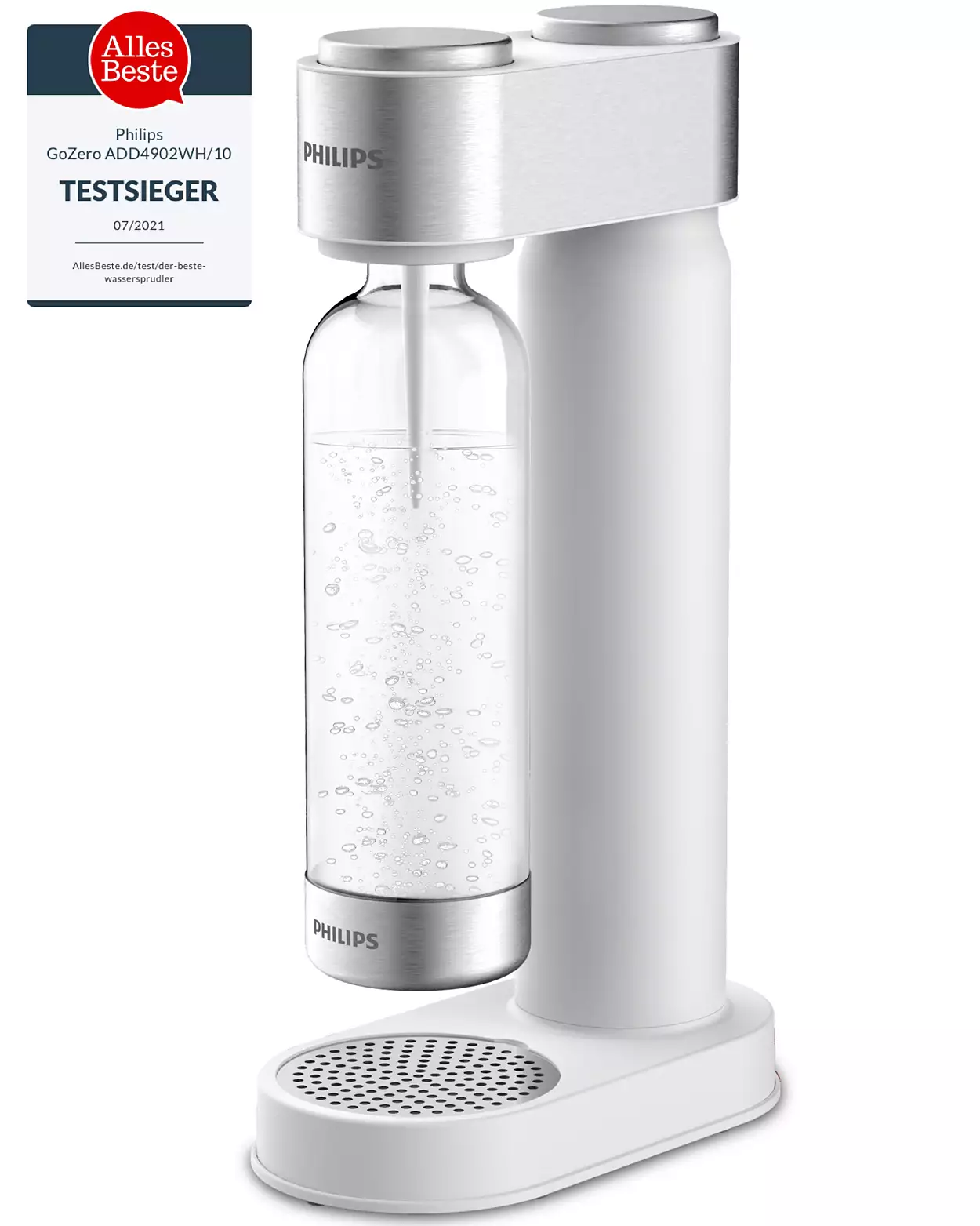 Weißer Sodamaker mit Glasflasche. Text: Philips, Alles Beste, Test Sieger.
