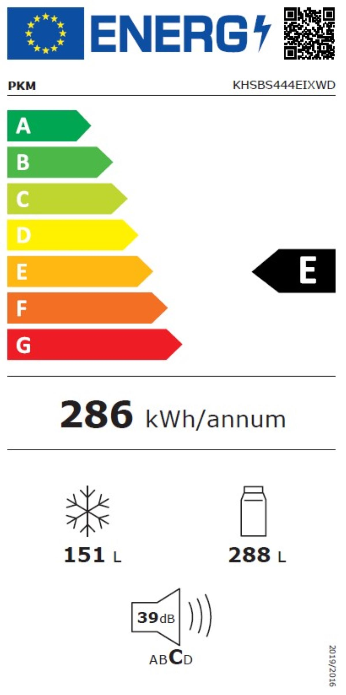 Energielabel für einen Kühlschrank. Zeigt Energieeffizienz, Geräuschpegel und Volumen. Weißer Hintergrund.