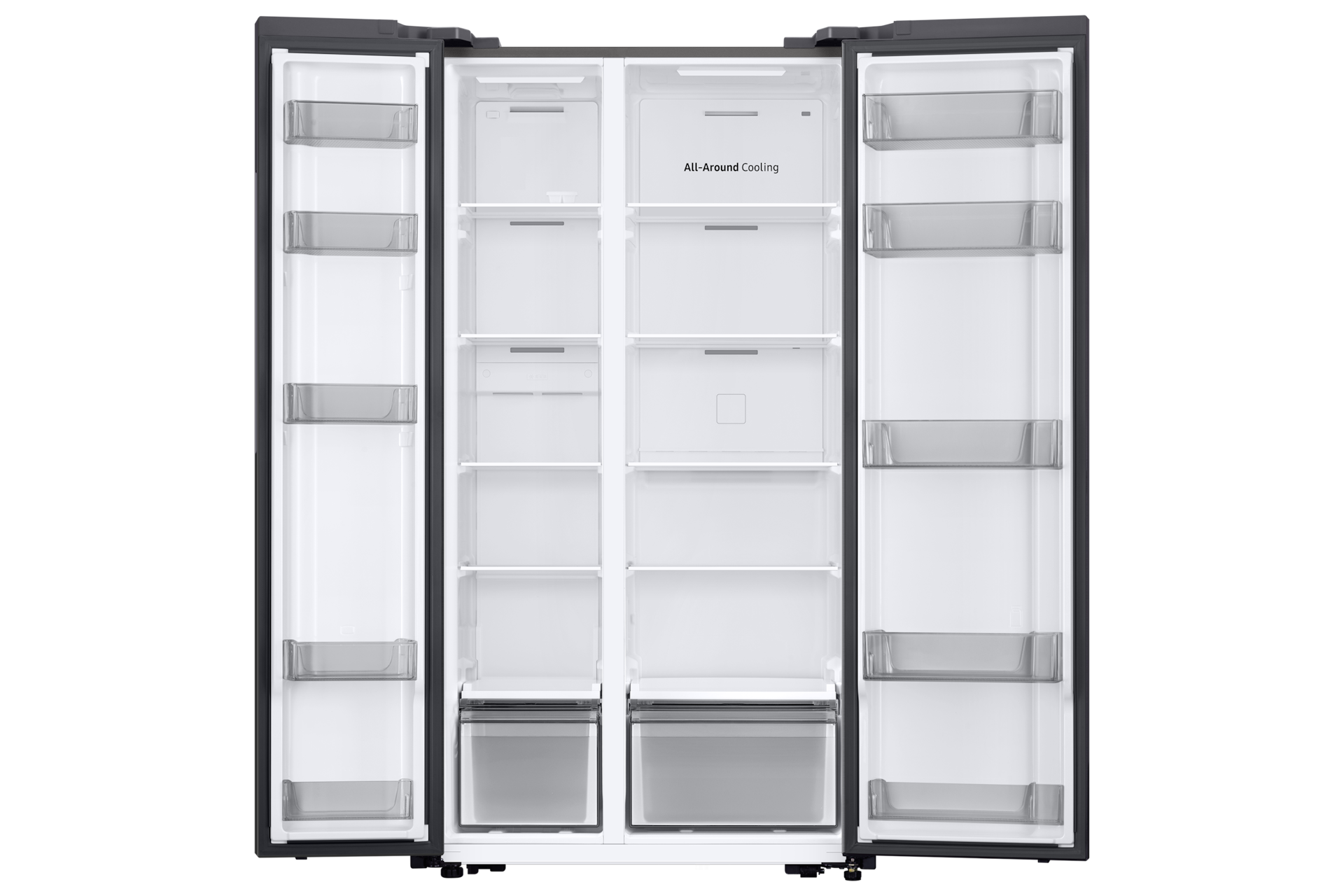 Open koelkast met veel planken en lades. Donkergrijze afwerking. Wit interieur.