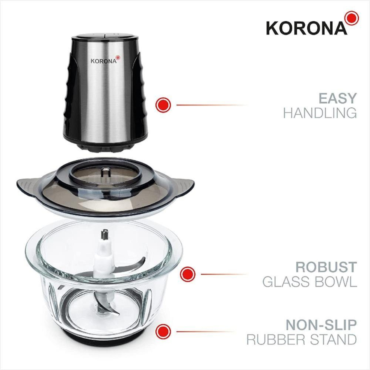 Zerlegter Küchenmixer. Oberseite aus Edelstahl, Glasschüssel und schwarzer Boden.