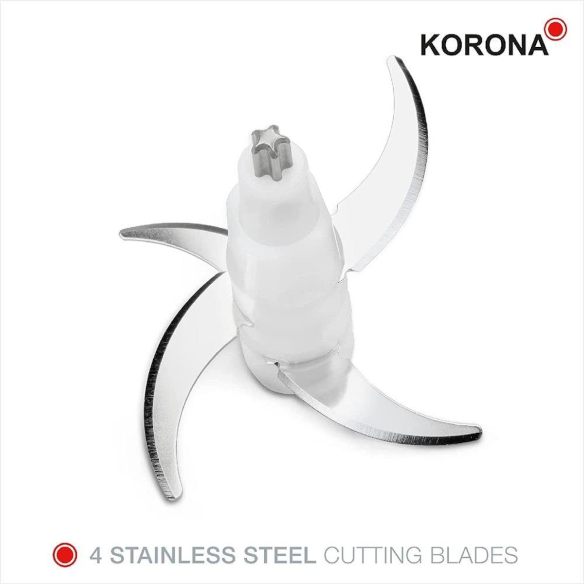 Ein Zerkleinerermesser mit 4 Edelstahl-Schneidklingen, von Korona, auf weißem Hintergrund.