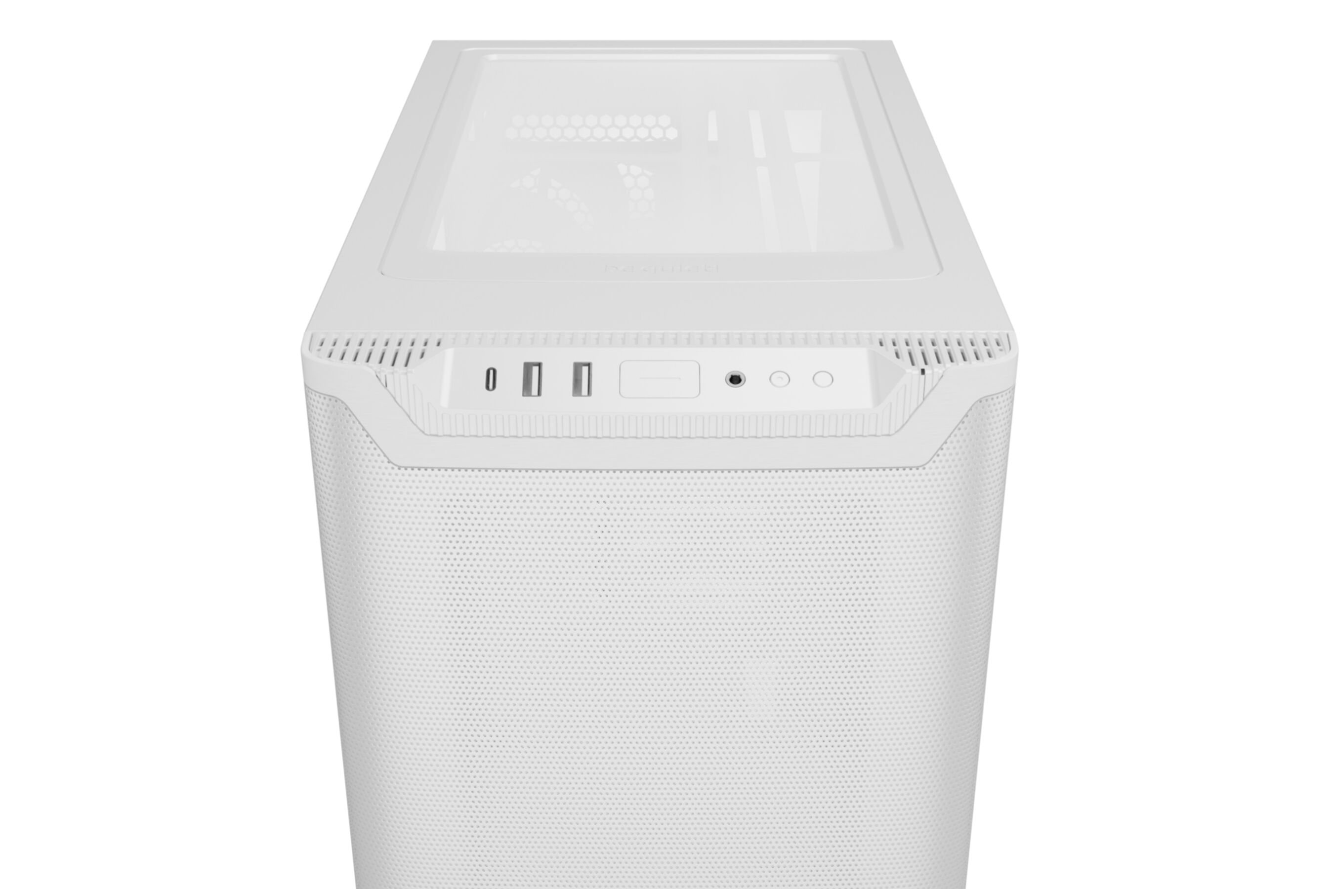 Biała obudowa komputera, widok z góry. Ma przyciski i porty z przodu.