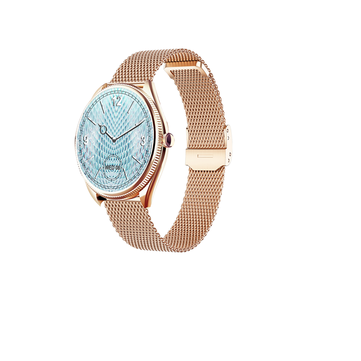Roségoldene Smartwatch mit Mesh-Armband. Hellblaues Zifferblatt, schwarzer Hintergrund.