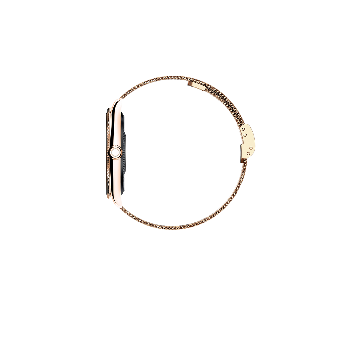 Seitenansicht einer roségoldenen Uhr auf Schwarz. Mesh-Armband, rundes Zifferblatt.