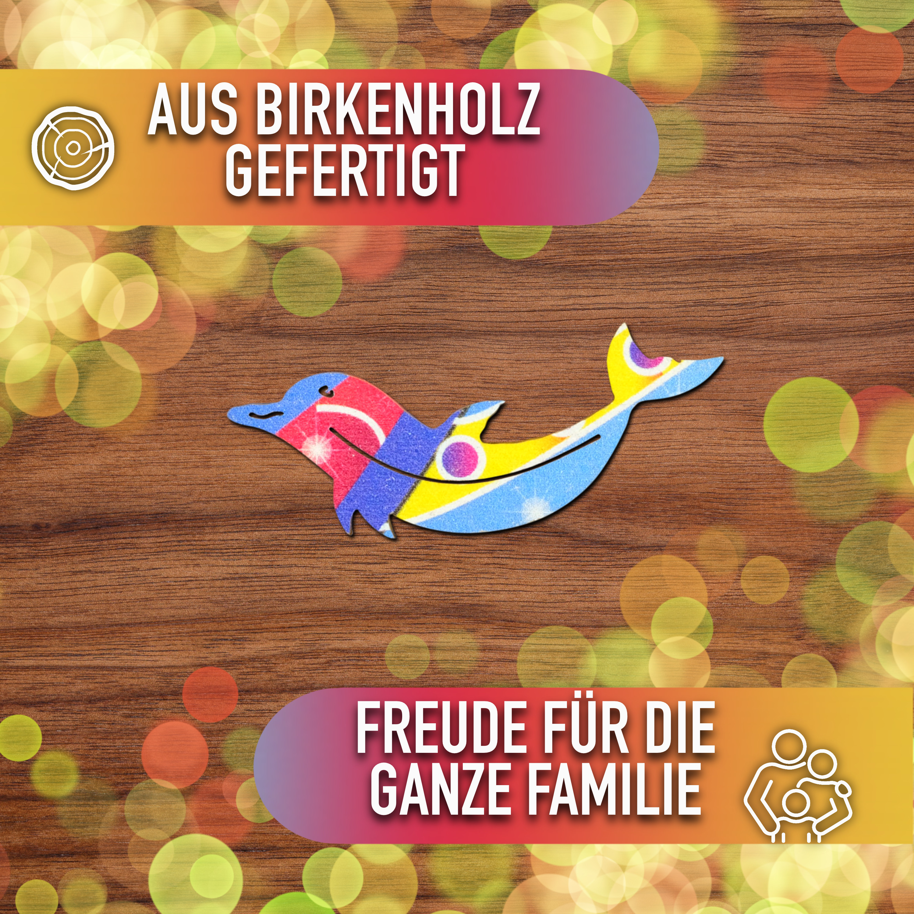 Ein Holzdelphin mit bunten Mustern. Text: 'Aus Birkenholz gefertigt'.