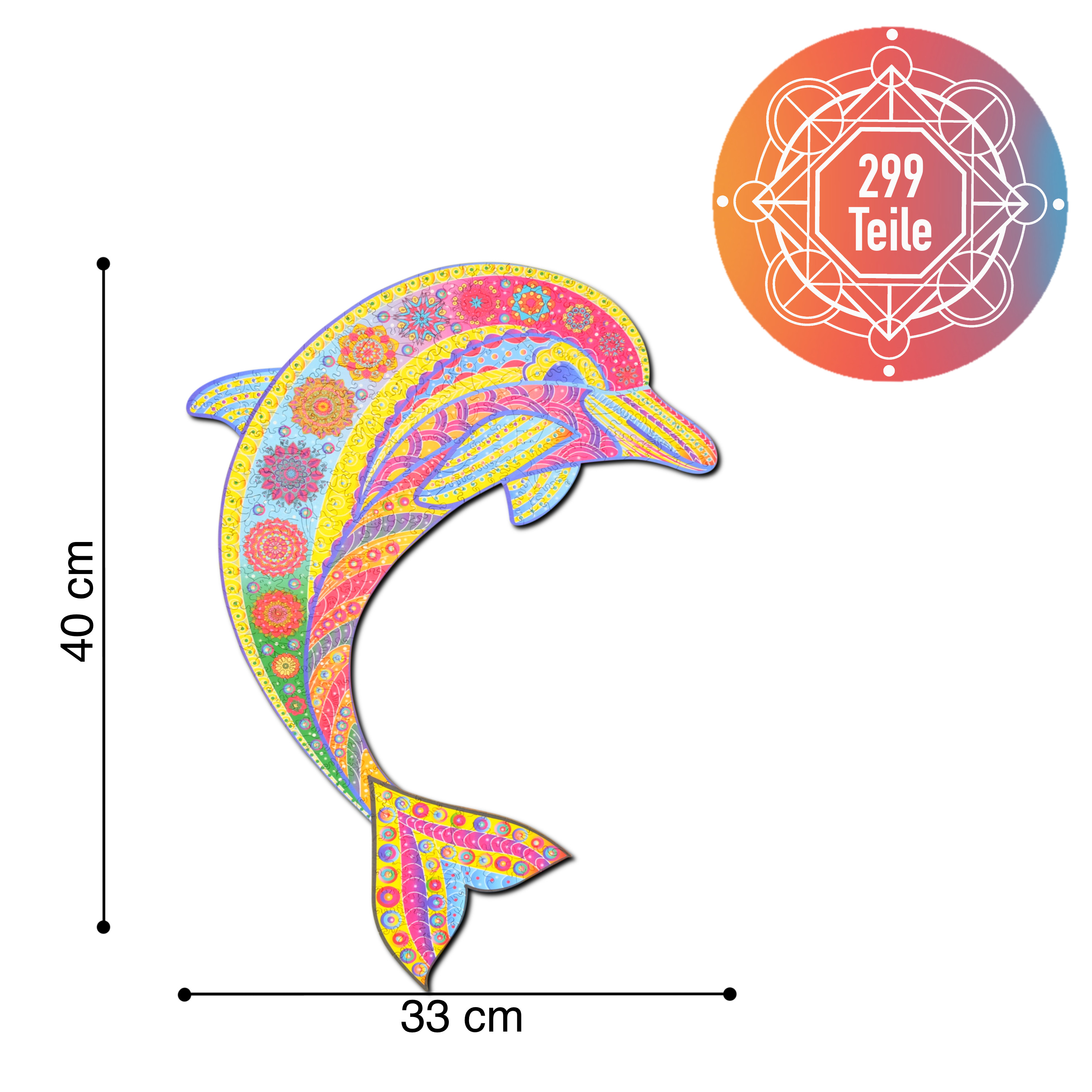Ein buntes, aufwendig gestaltetes Delfin-Puzzle mit einer kreisförmigen Teileanzahl-Anzeige.