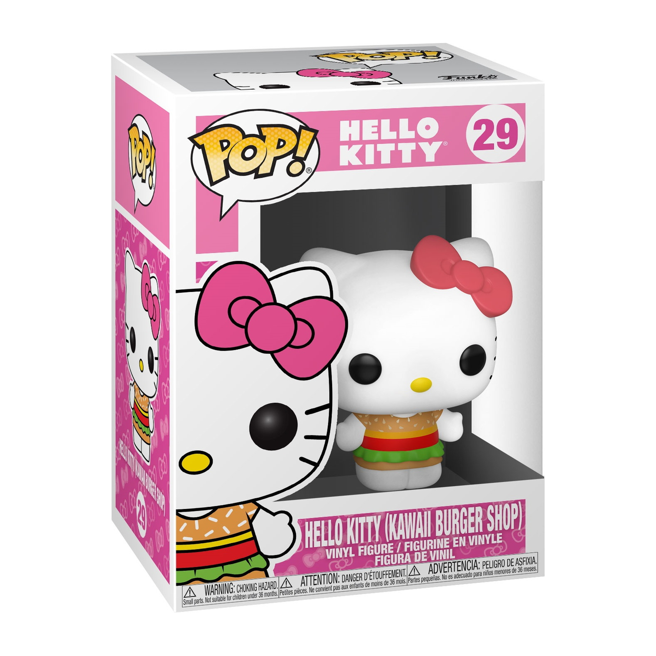 Figura Funko Pop di Hello Kitty (Kawaii Burger Shop) nella sua scatola rosa, che tiene un hamburger.