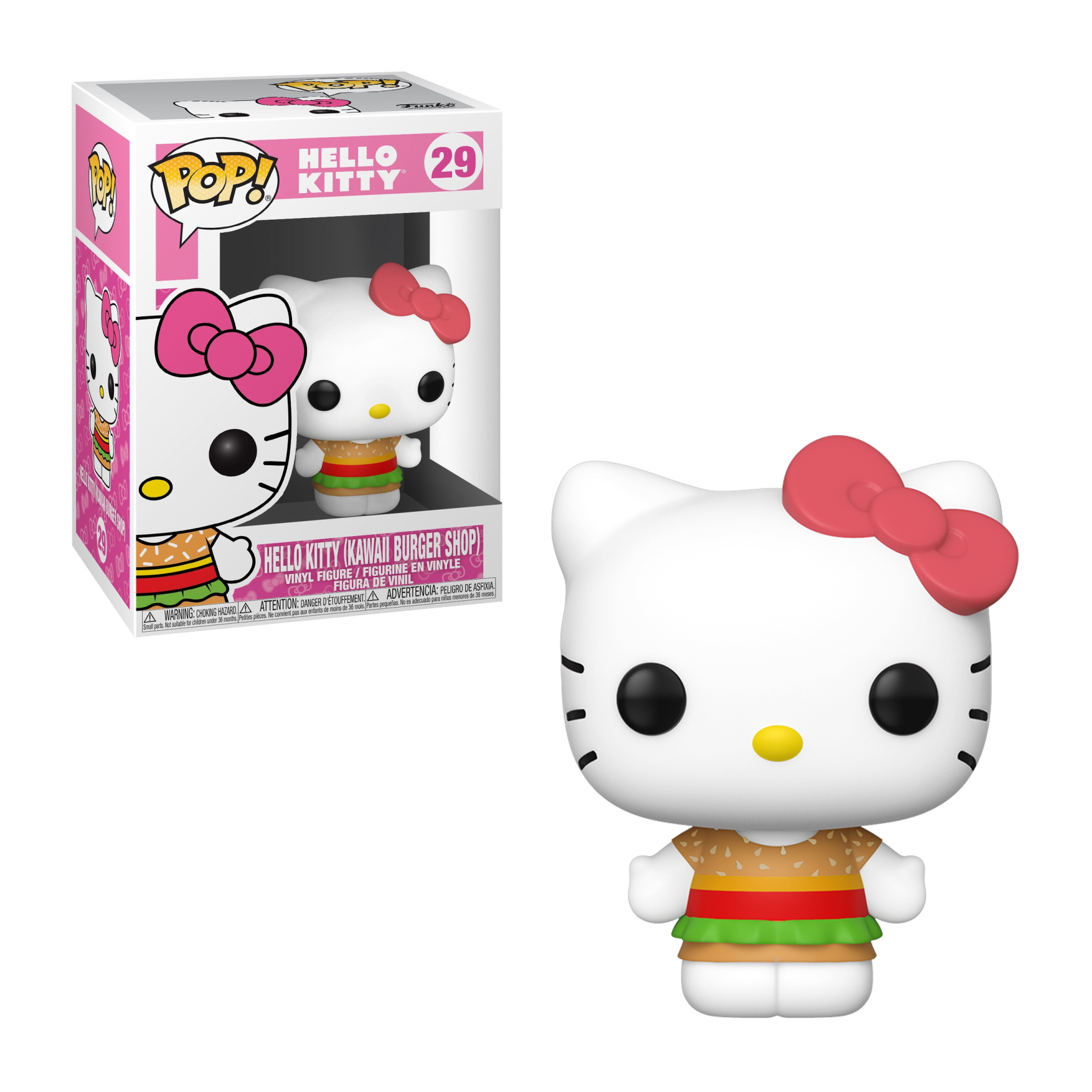 Figura di Hello Kitty in costume da hamburger. Fiocco rosa, viso bianco, vestito hamburger. Sfondo rosa.