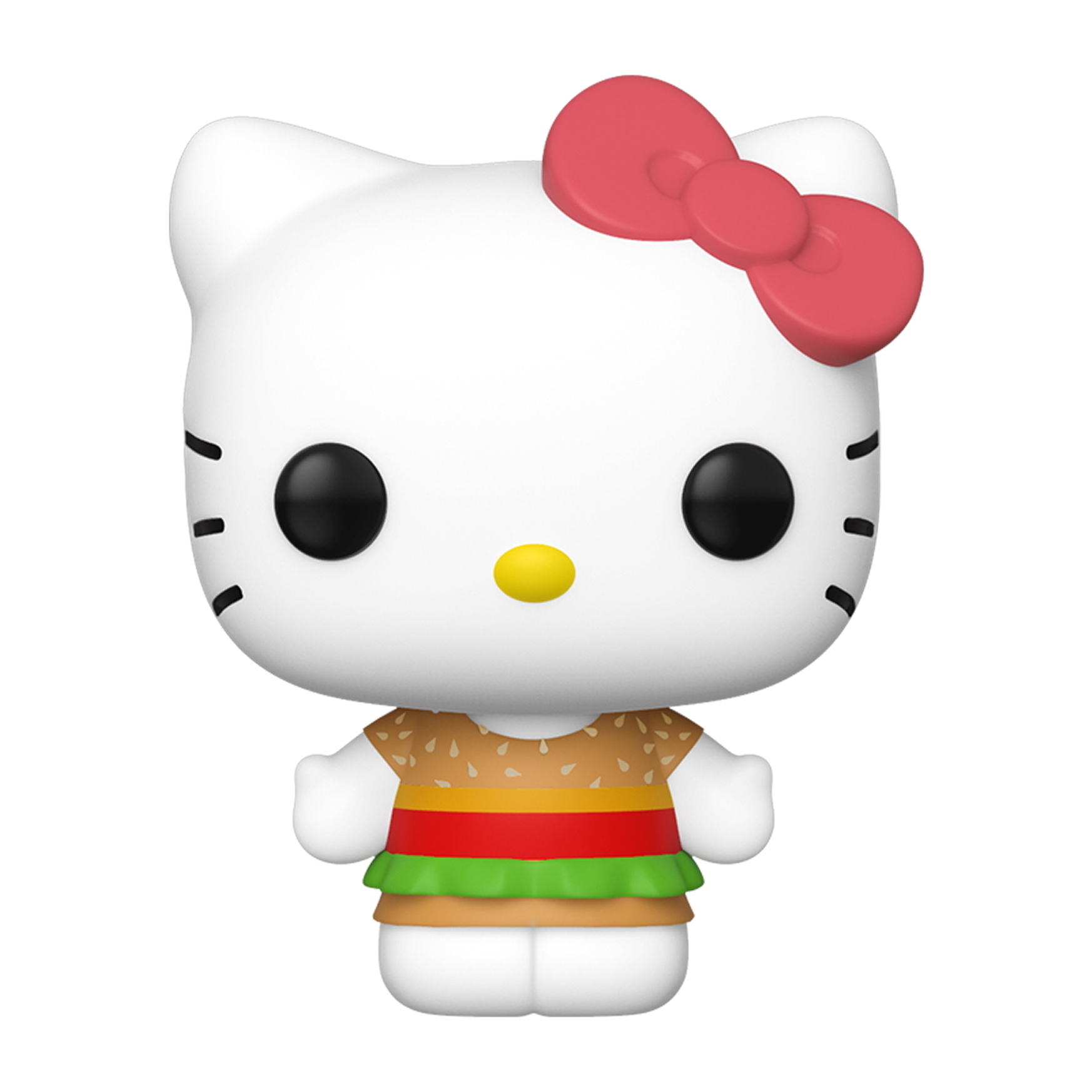 Figura bianca di Hello Kitty con costume da hamburger e fiocco rosso.