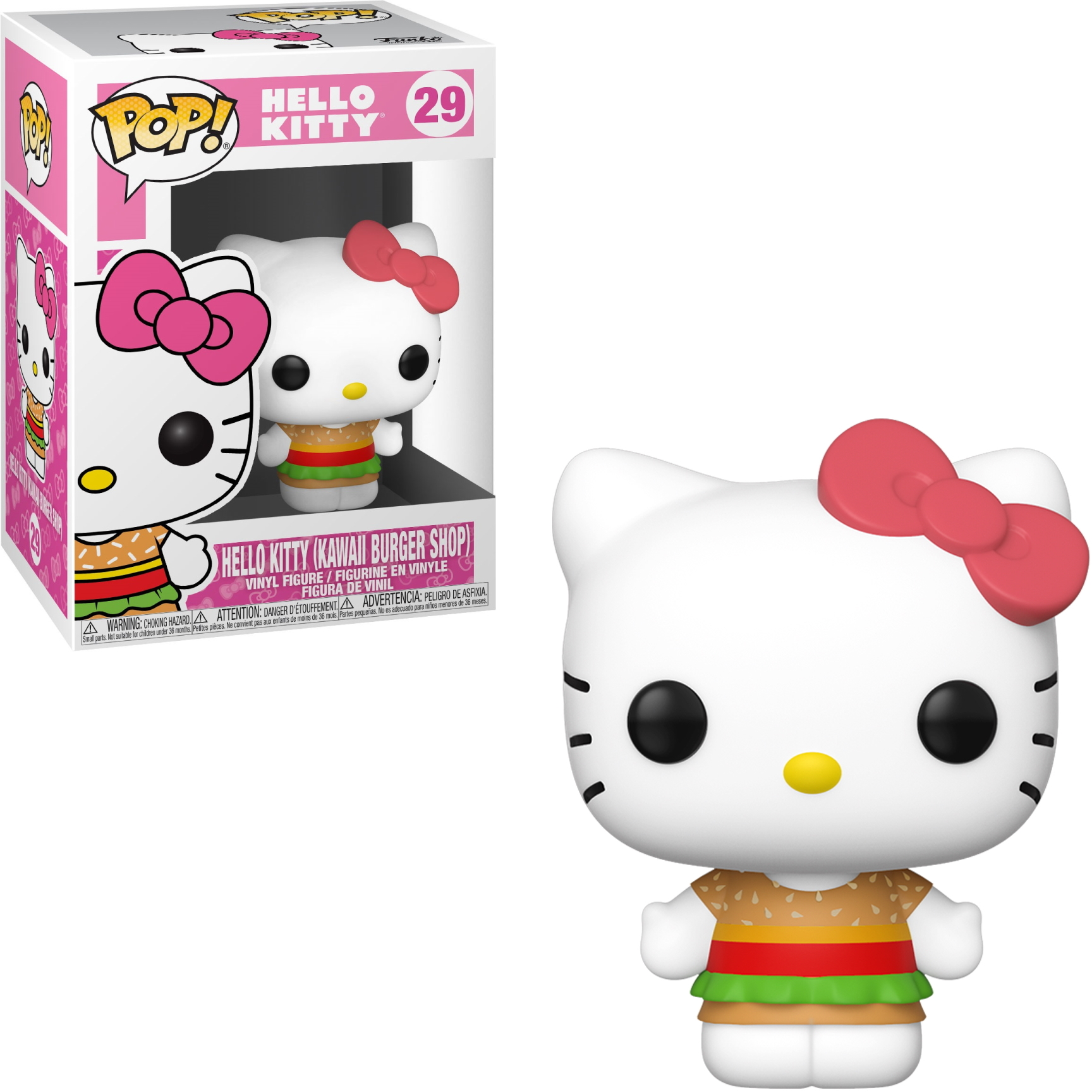 Figura di Hello Kitty in abito a tema hamburger, con una scatola.