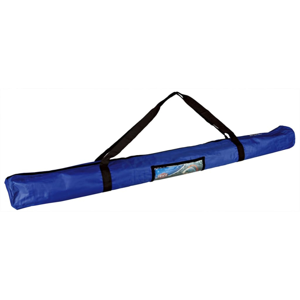 Bolsa de viaje azul con asas negras y una imagen de un perro en la parte delantera.