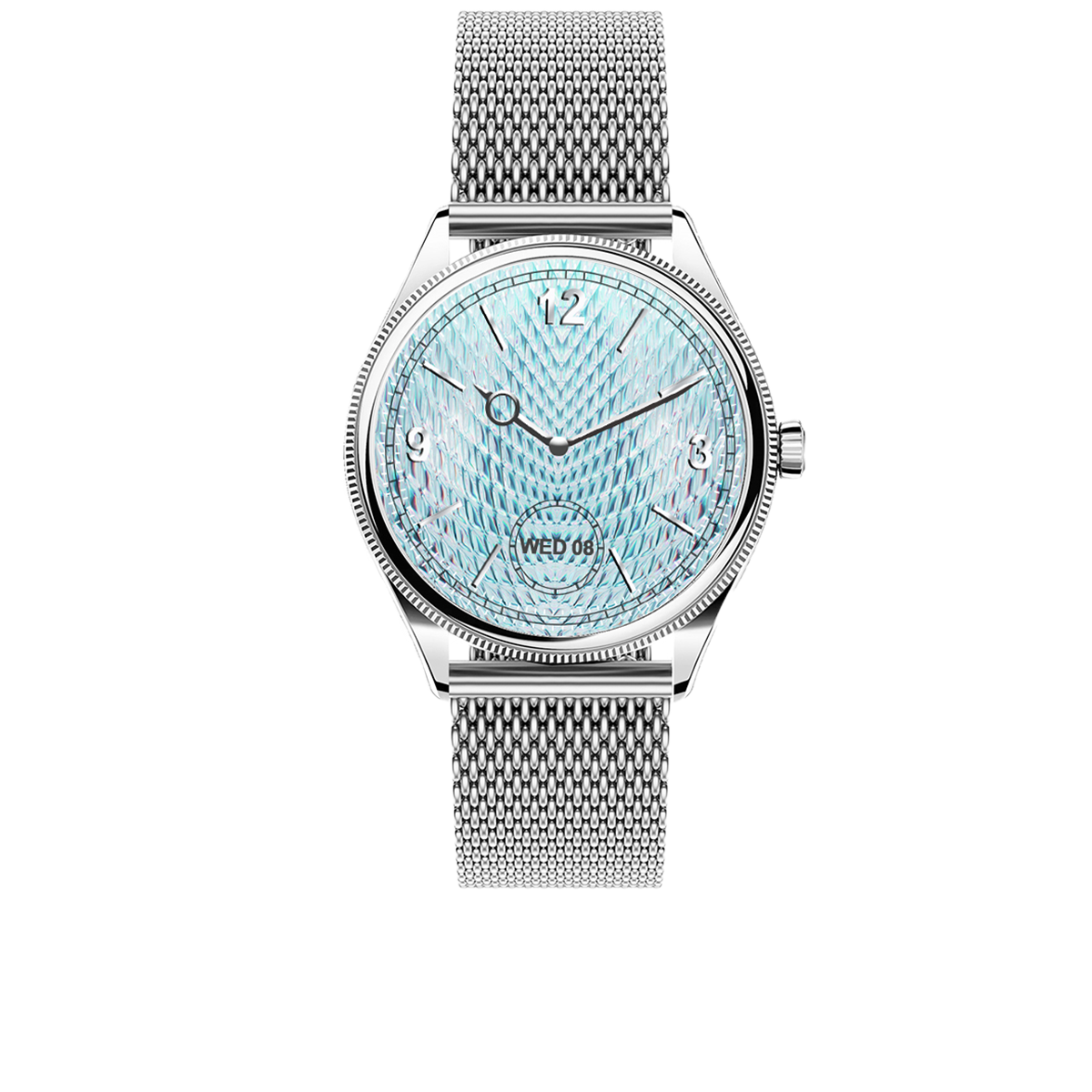 Silberne Armbanduhr mit blauem Zifferblatt, silbernem Mesh-Armband und schwarzem Hintergrund.