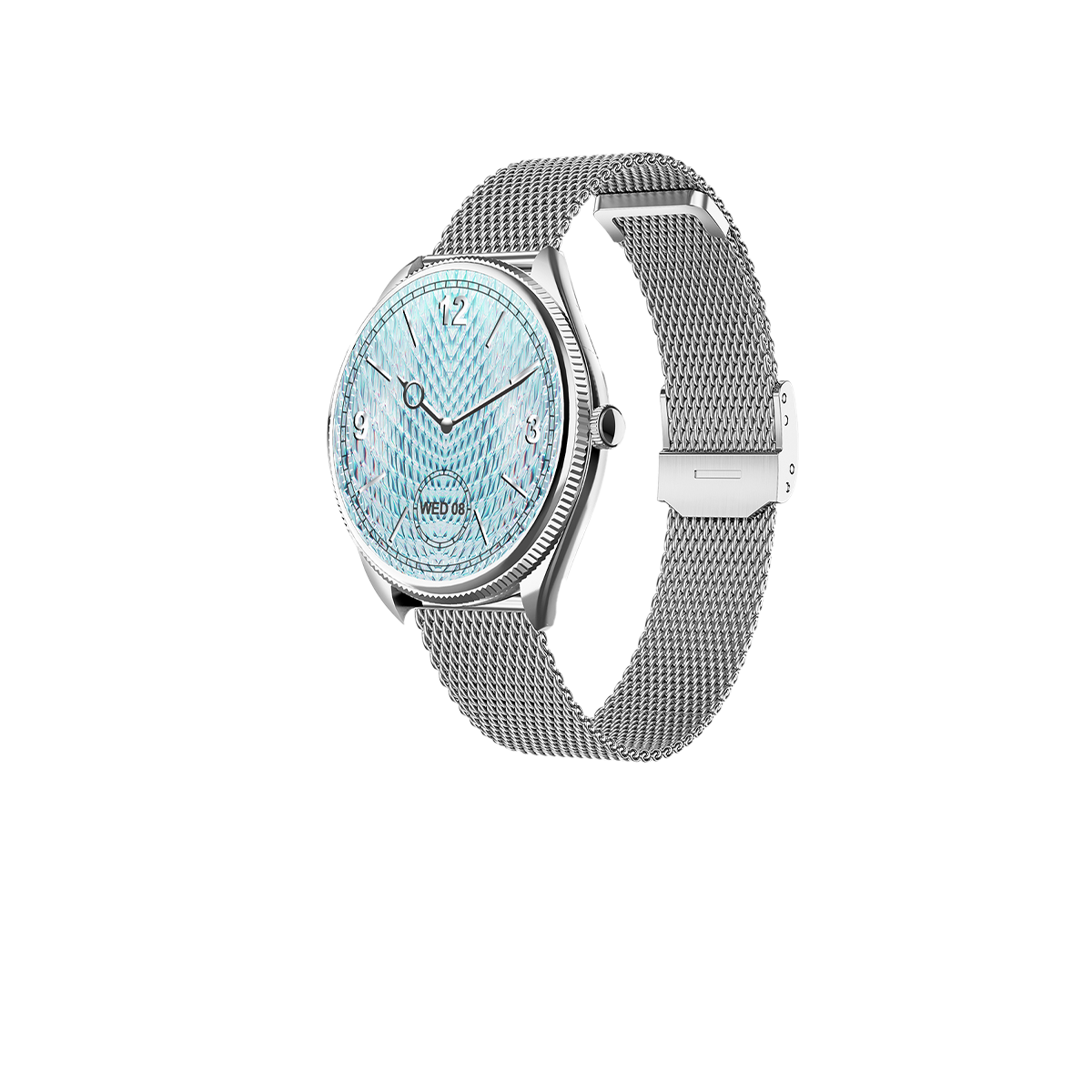 Silberne Smartwatch mit Mesh-Armband. Hellblaues Zifferblatt, schwarzer Hintergrund.