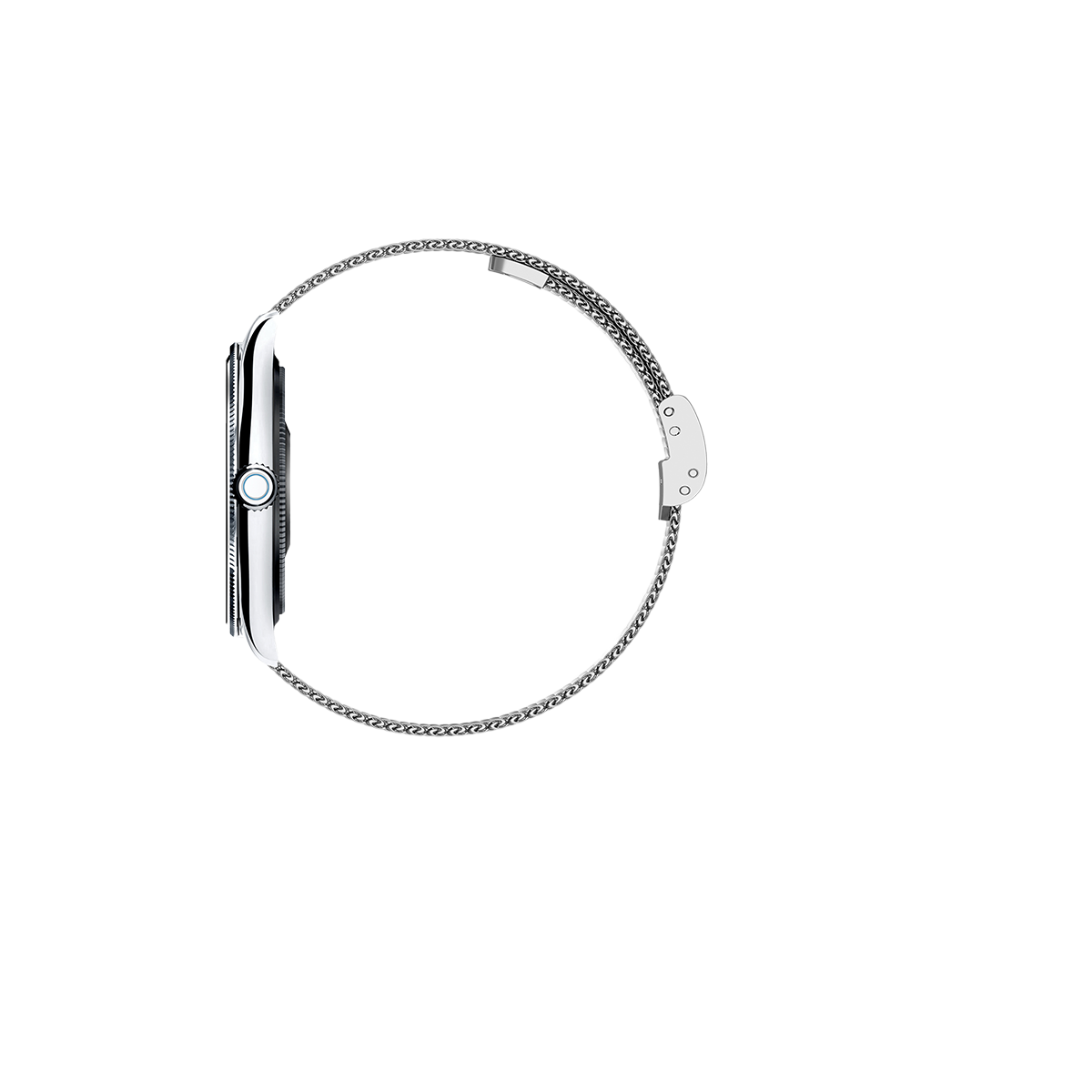 Eine silberne Uhr mit Mesh-Armband liegt auf schwarzem Hintergrund. Die Uhr ist von der Seite gesehen.