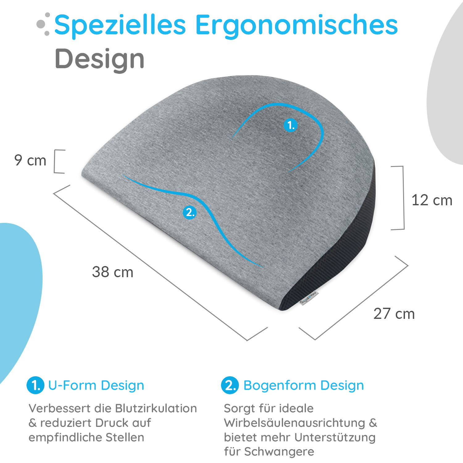 Graues Kissen mit Maßen, geschwungenes Design, für Schwangere.
