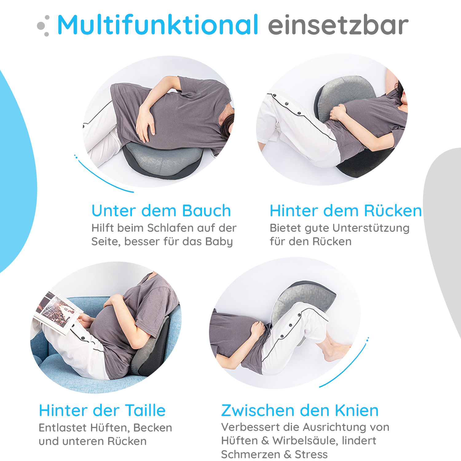 Bilder zeigen verschiedene Möglichkeiten zur Verwendung eines Kissens für Schwangere.