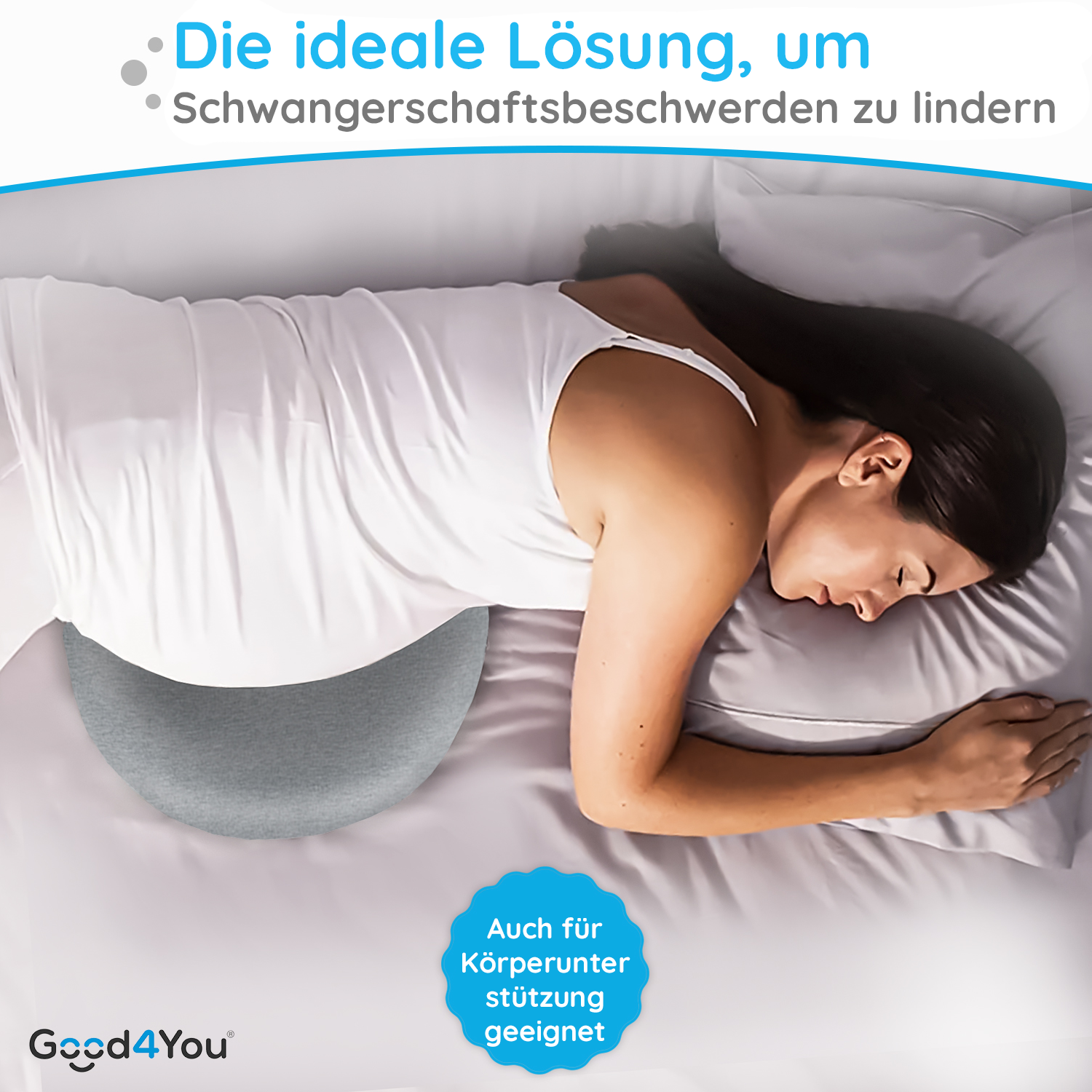 Eine schwangere Frau liegt auf einem Bett mit einem grauen Kissen unter ihrem Bauch. Text auf Deutsch ist sichtbar.