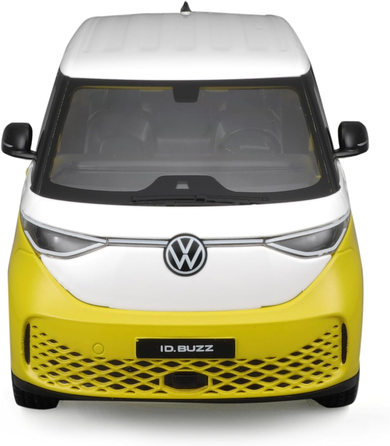 Ein Spielzeugauto, ein VW ID.Buzz, gelb und weiß, mit dem VW-Logo auf der Vorderseite.