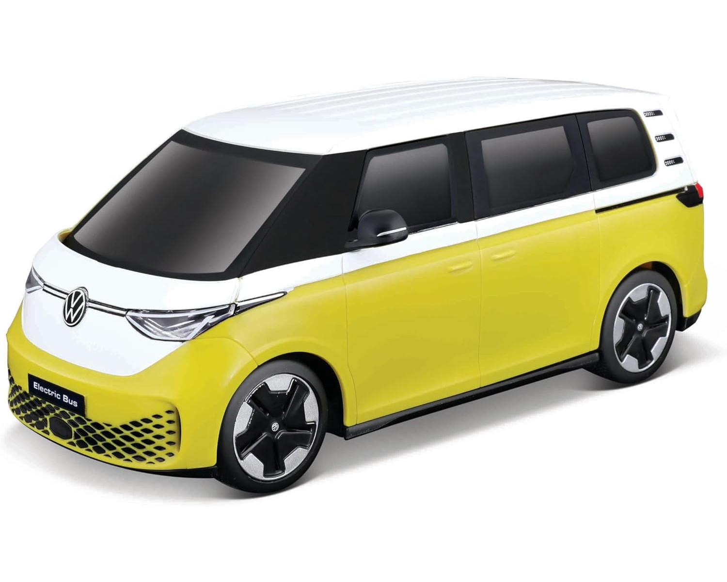 Gelb-weißer Spielzeug-Van. Er hat schwarze Räder und das Volkswagen-Logo.