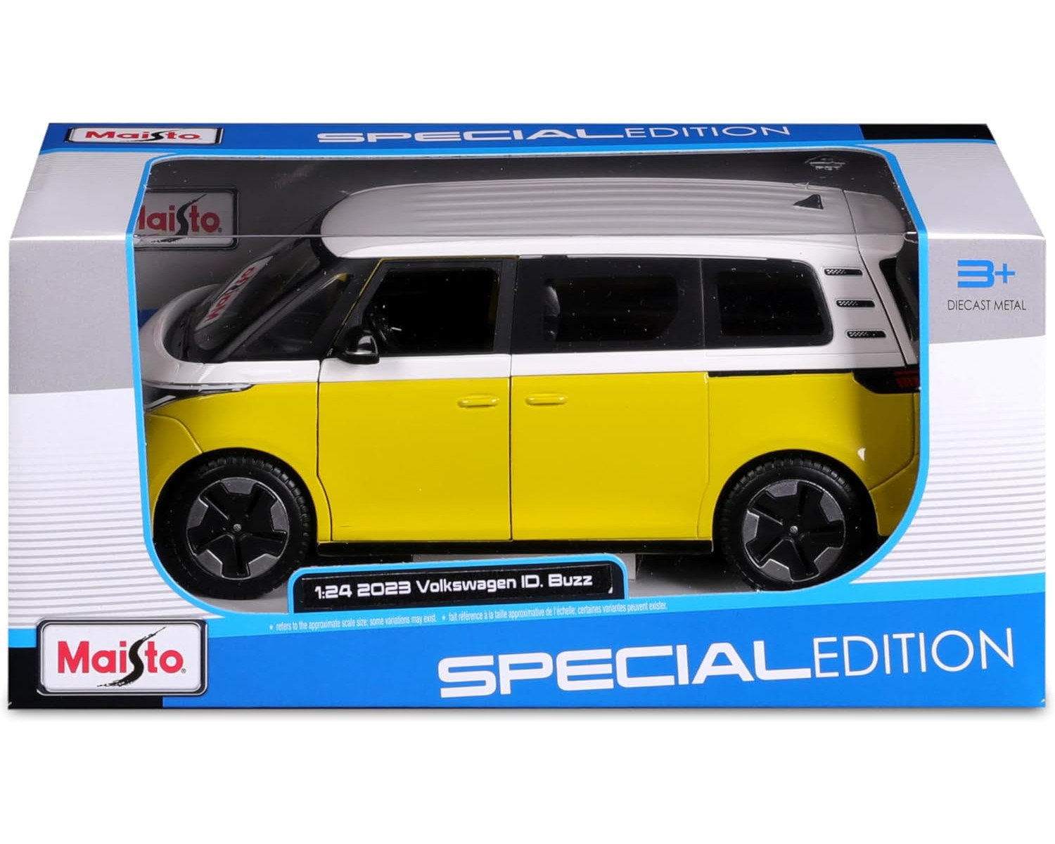 Gelb-weißes Spielzeug-VW ID. Buzz in einer Box.