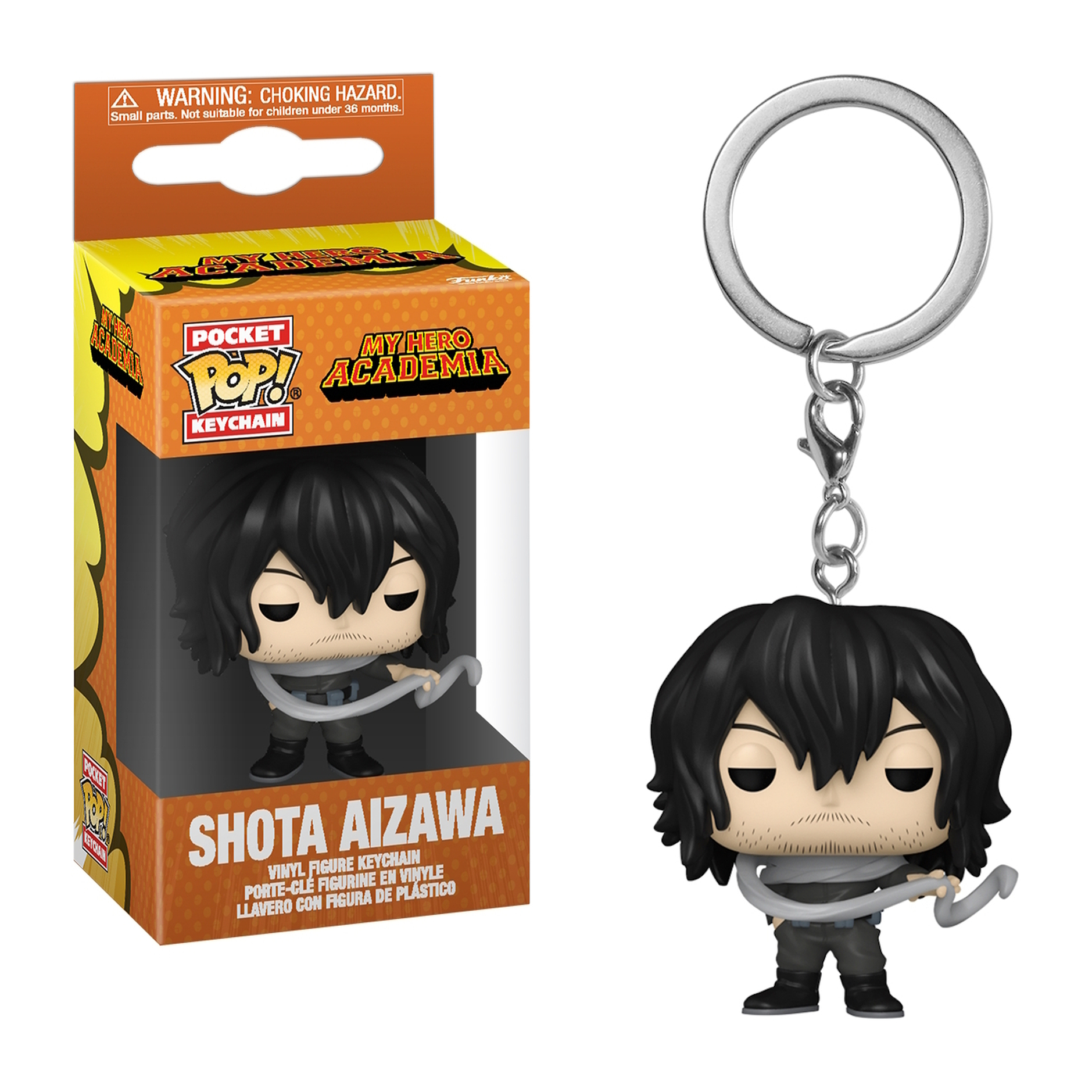 Shota Aizawa Schlüsselanhänger-Figur aus My Hero Academia, in einer Box. Die Figur hat schwarze Haare und einen grauen Schal.