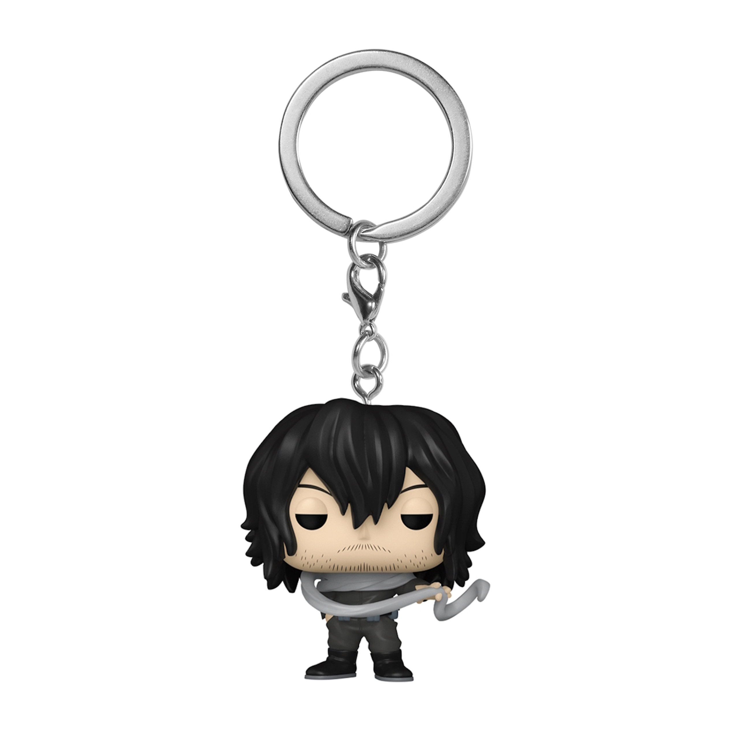 Aizawa Shouta Schlüsselanhänger Figur, schwarzes Haar, grauer Schal, hält Fangtuch, schwarze Schuhe.