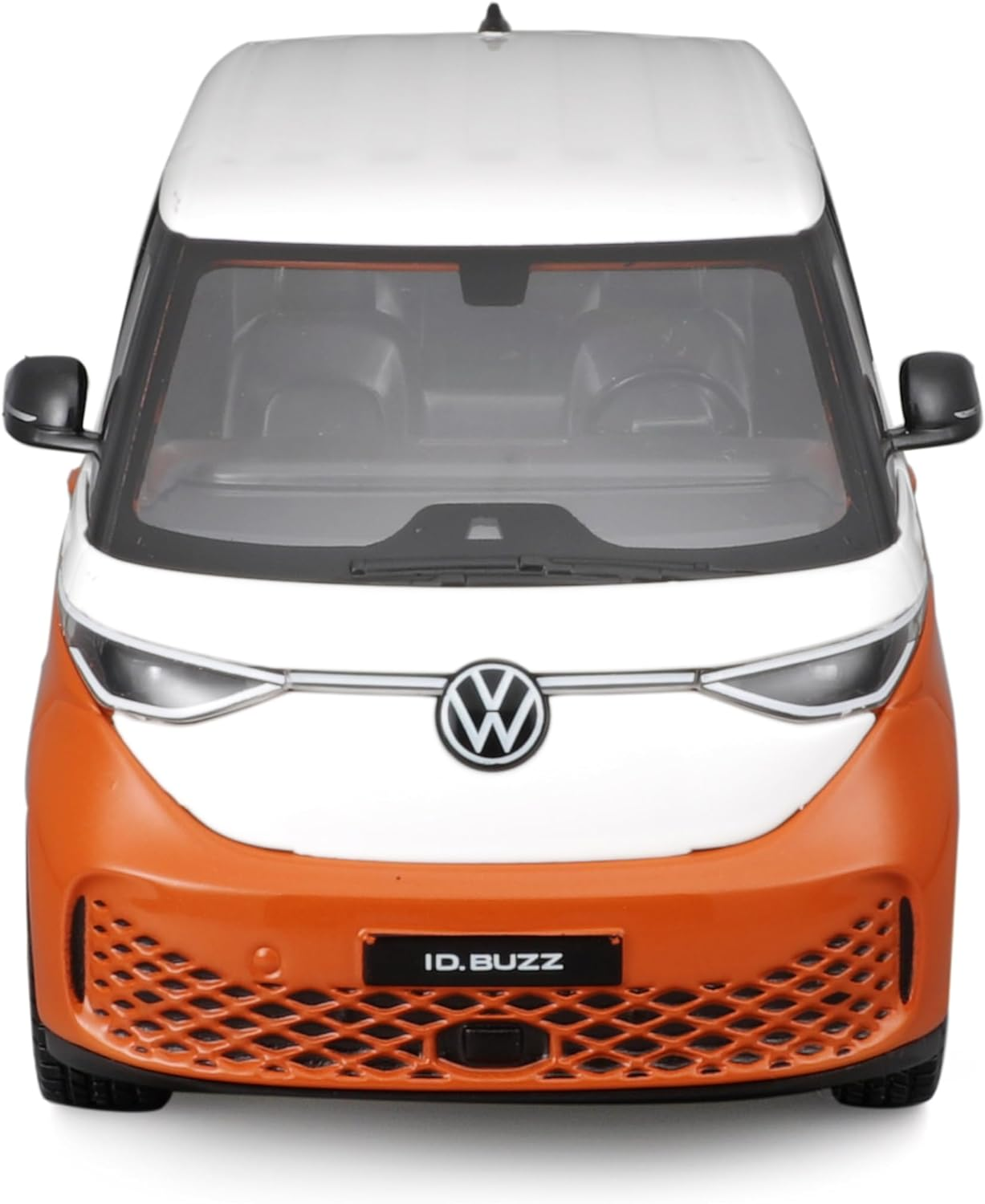 Orange-weißes Spielzeugauto eines Volkswagen ID. Buzz, Frontansicht.