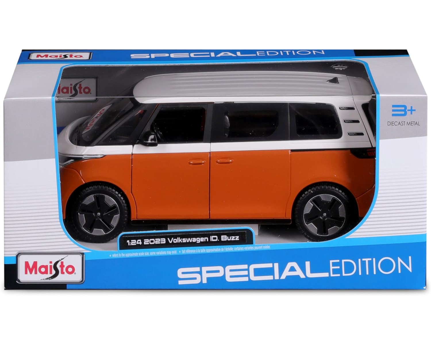 Spielzeugauto, ein 2023 Volkswagen ID.Buzz, in einem orange-weißen Farbschema, in einer Box.
