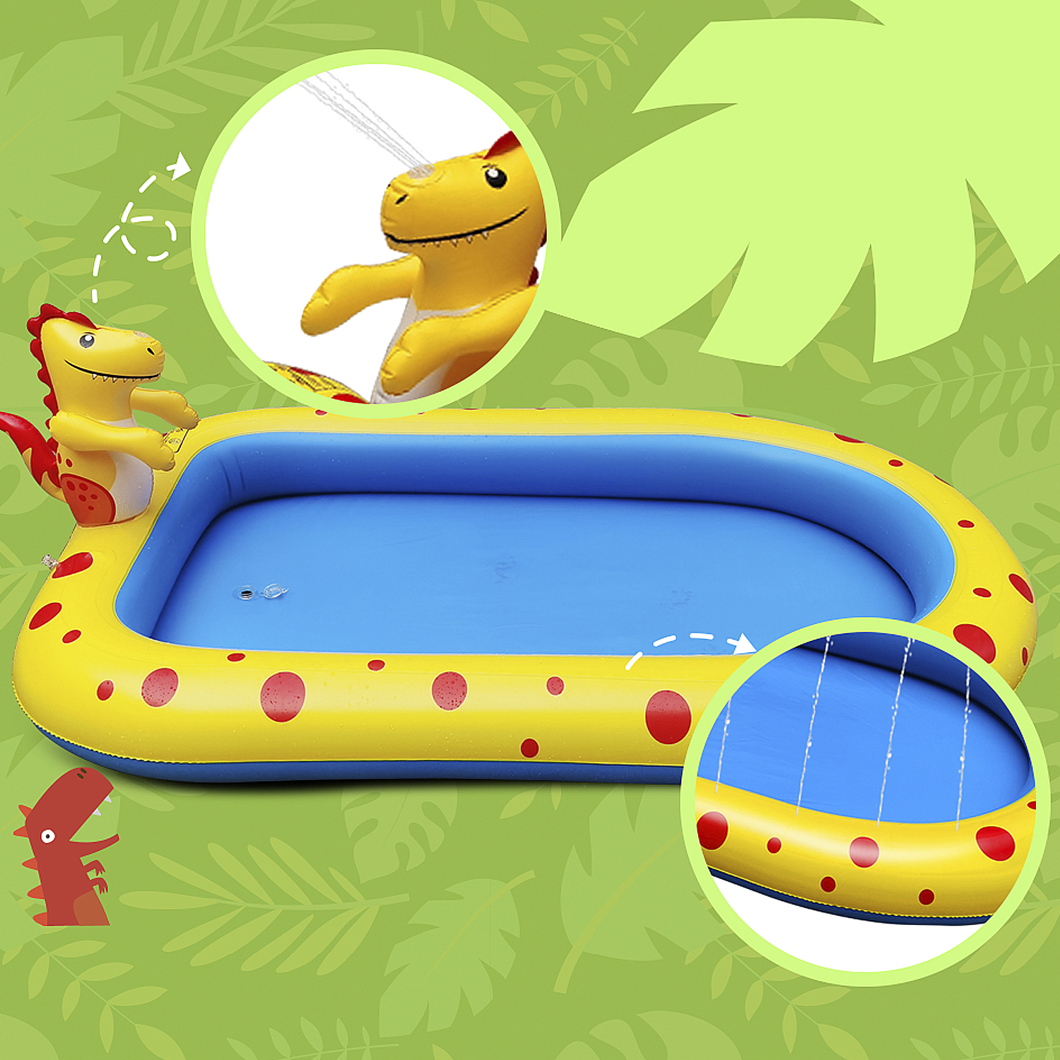 Piscina gonfiabile gialla e blu con figure di dinosauri. Dettaglio spruzzo d'acqua.