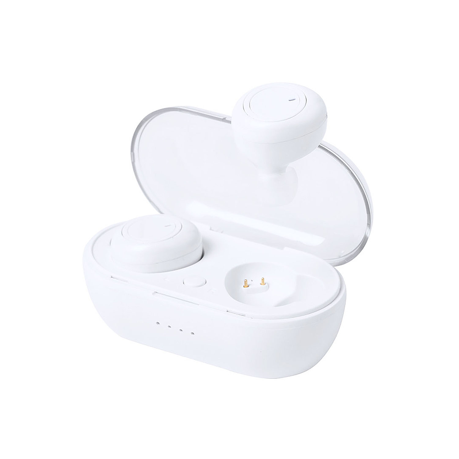 Auricolari wireless bianchi e custodia di ricarica. Custodia aperta rivela gli auricolari. Sfondo bianco.