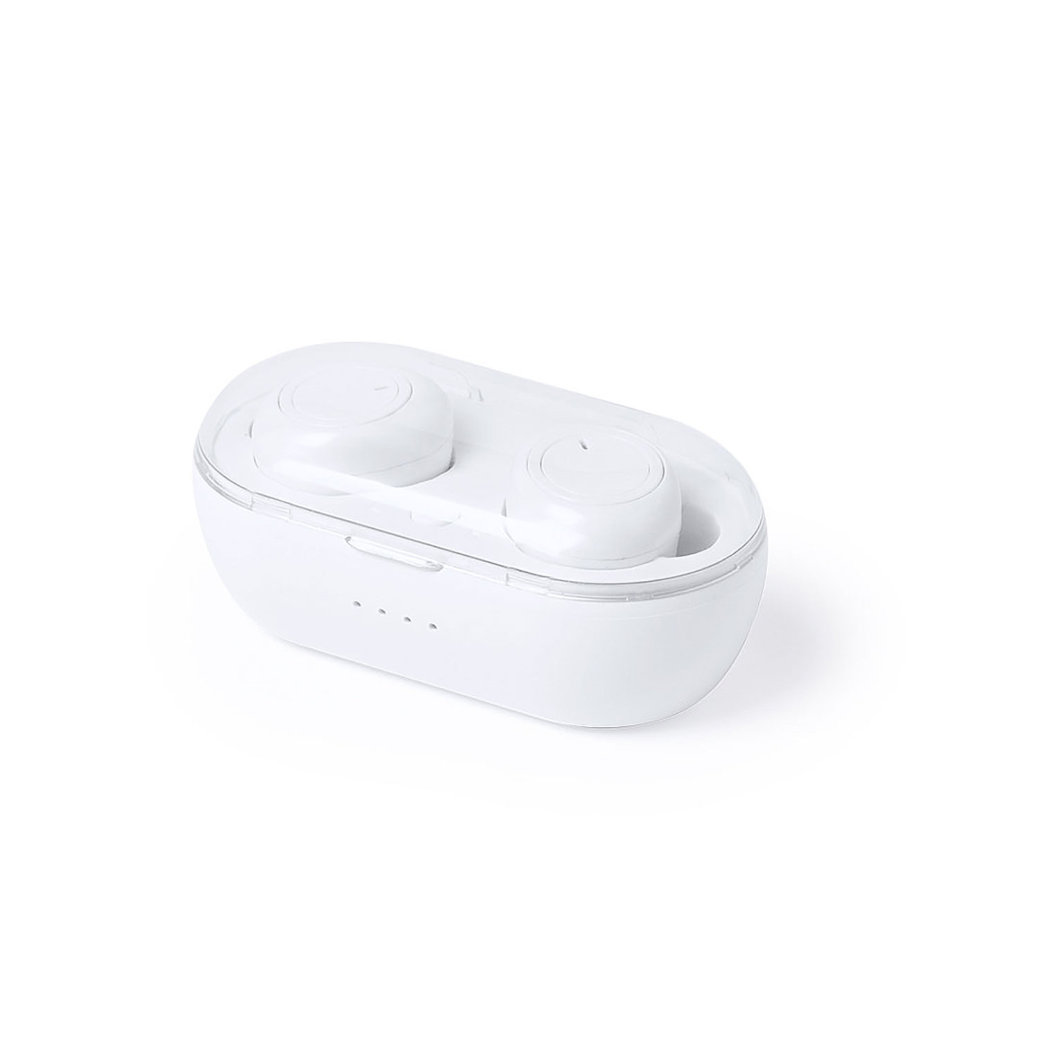 Auricolari bianchi in una custodia di ricarica bianca. Il coperchio trasparente è aperto. Sfondo bianco.