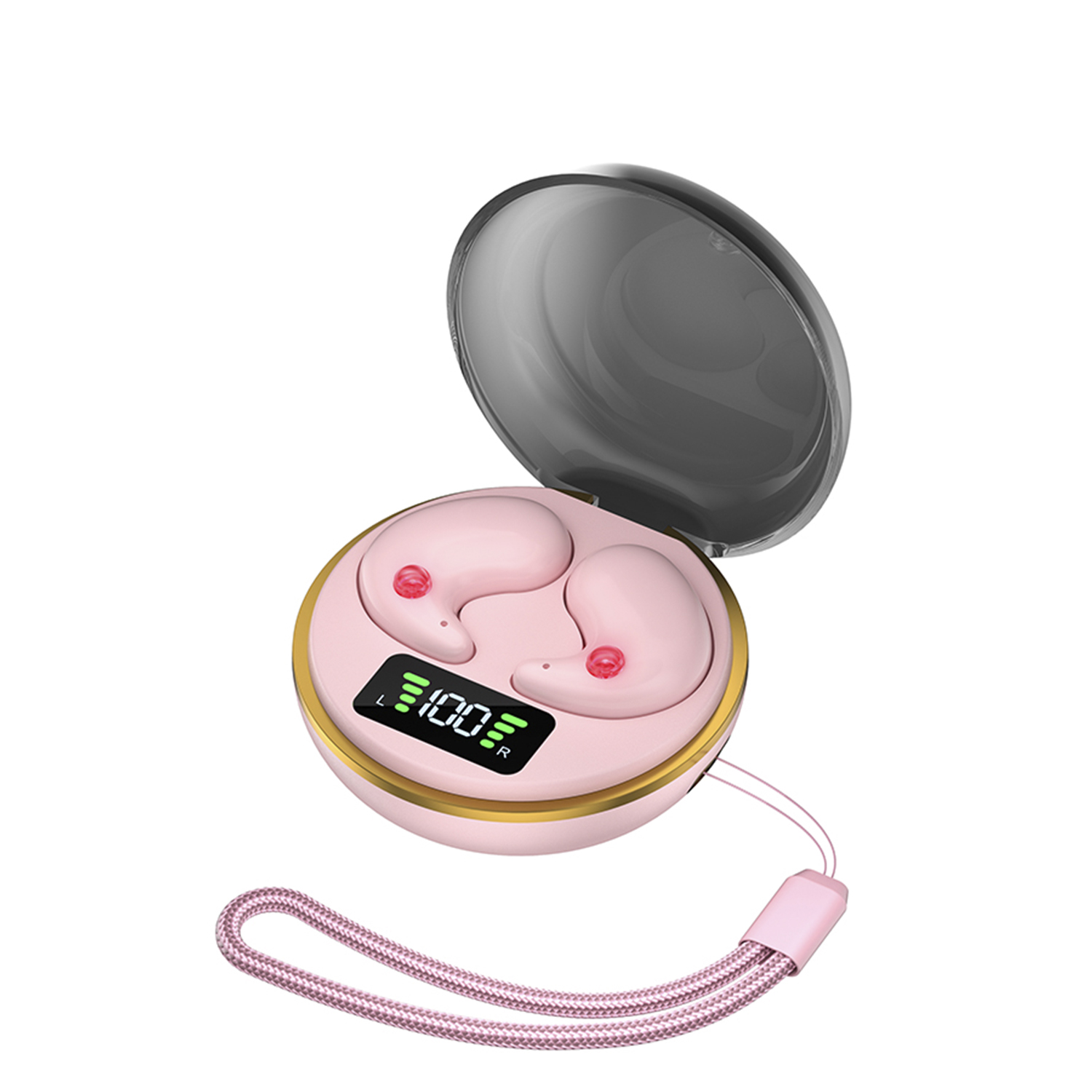 Auricolari wireless rosa in un astuccio. L'astuccio è rosa chiaro e mostra il livello della batteria. Cinturino rosa attaccato.