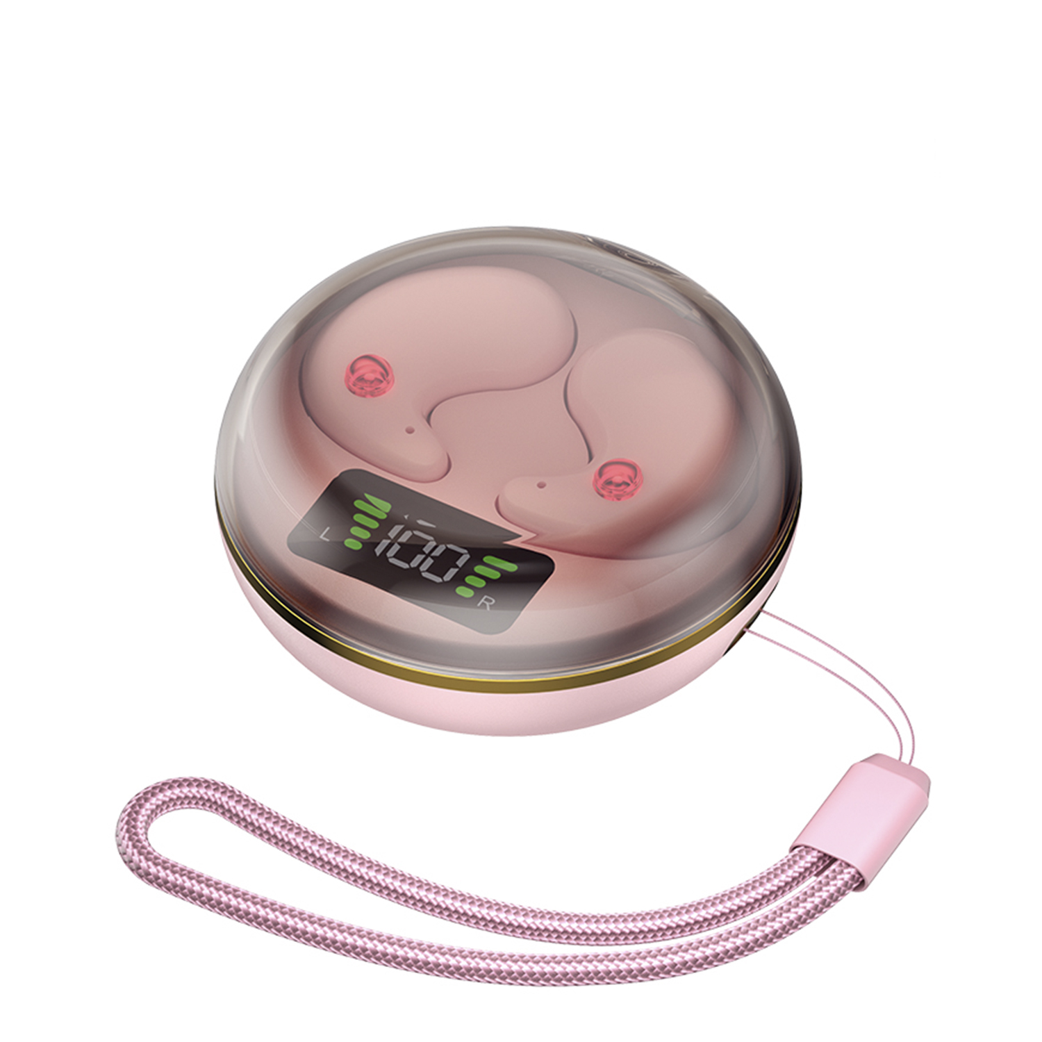 Auricolari wireless rosa in una custodia trasparente. Il display digitale mostra il livello della batteria.