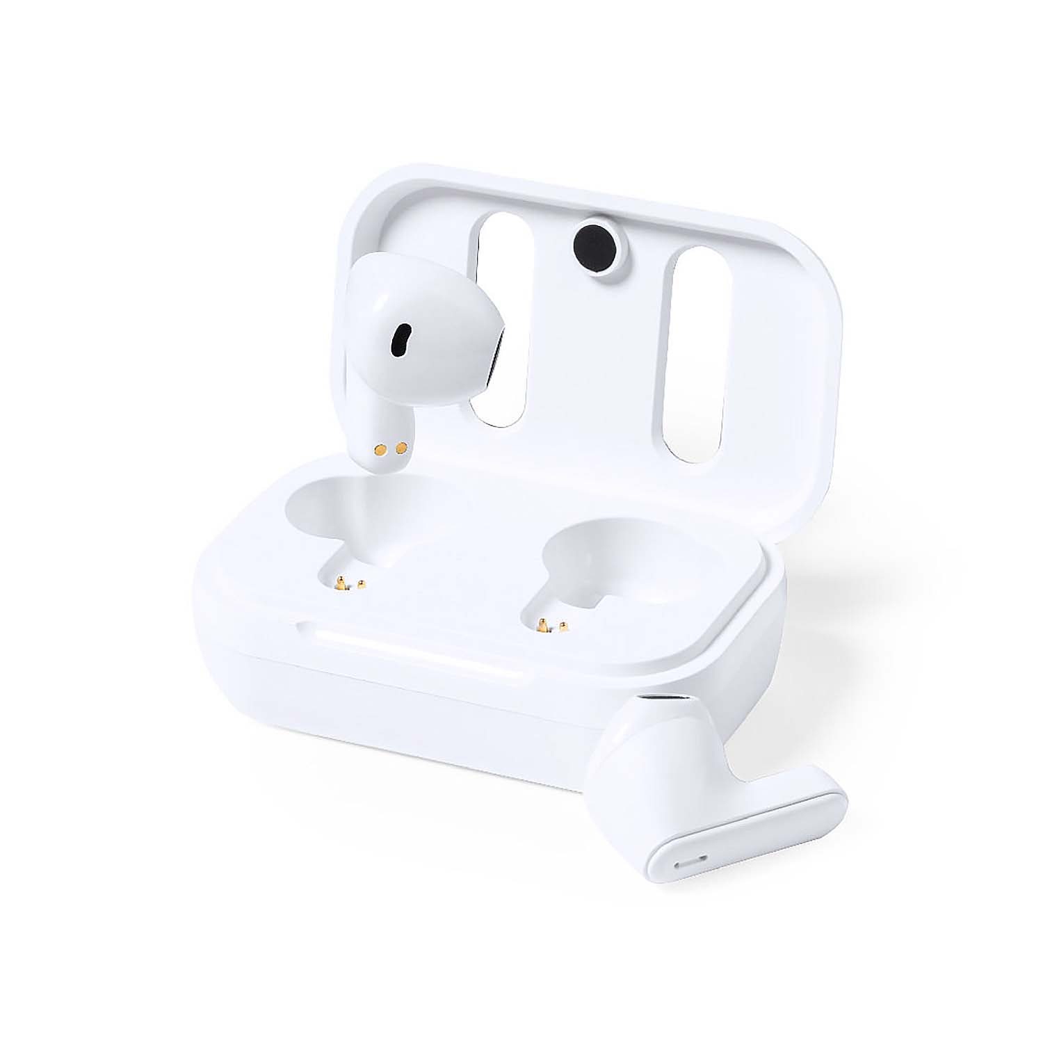 Auricolari wireless bianchi in una custodia di ricarica bianca aperta. Un auricolare fuori.