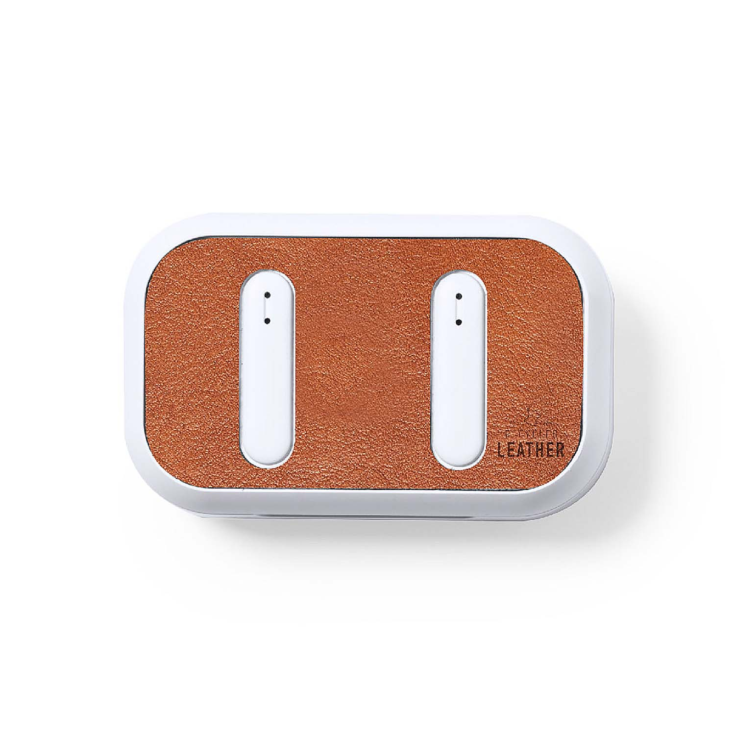 Caricabatterie wireless bianco e arancione con due punti di ricarica.