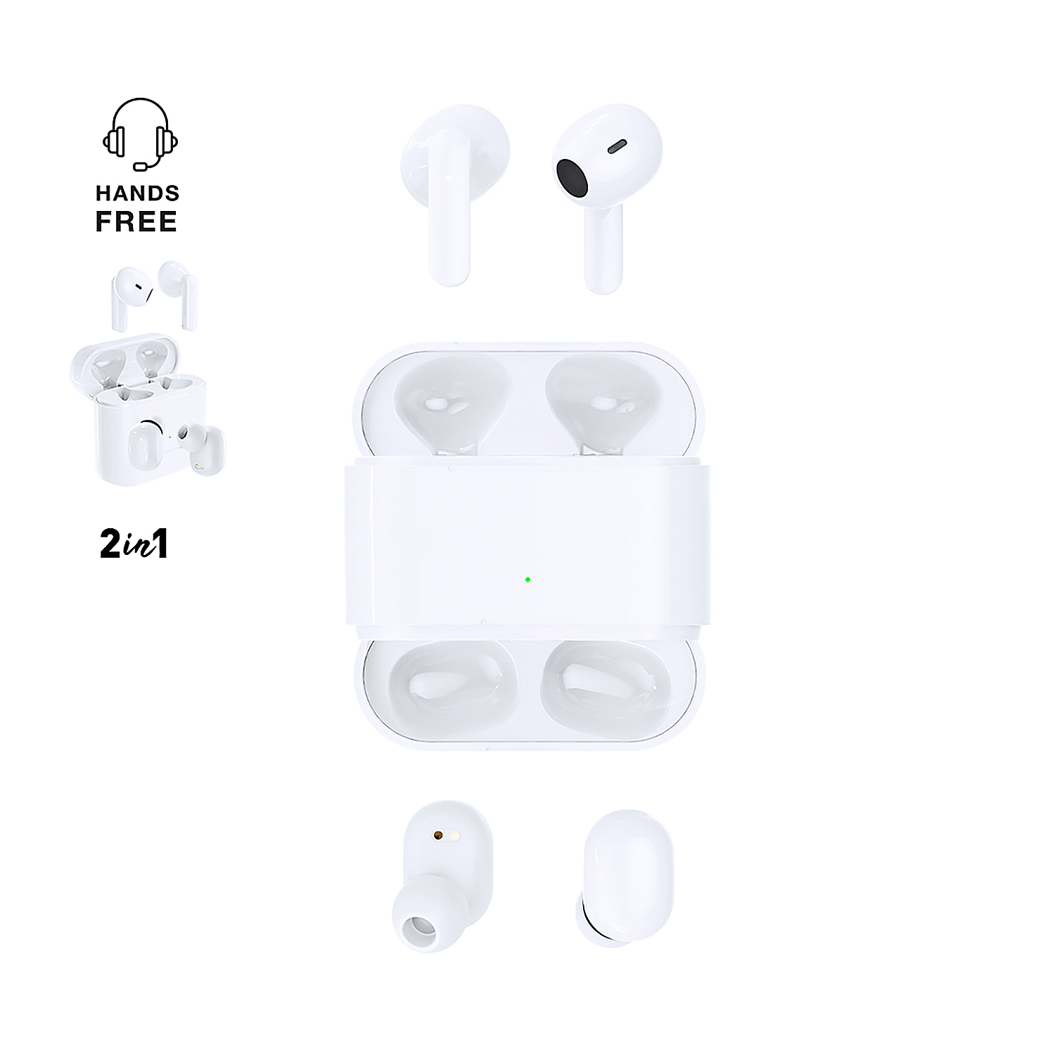 Auricolari wireless bianchi e custodia di ricarica, 2 in 1, con icona vivavoce.
