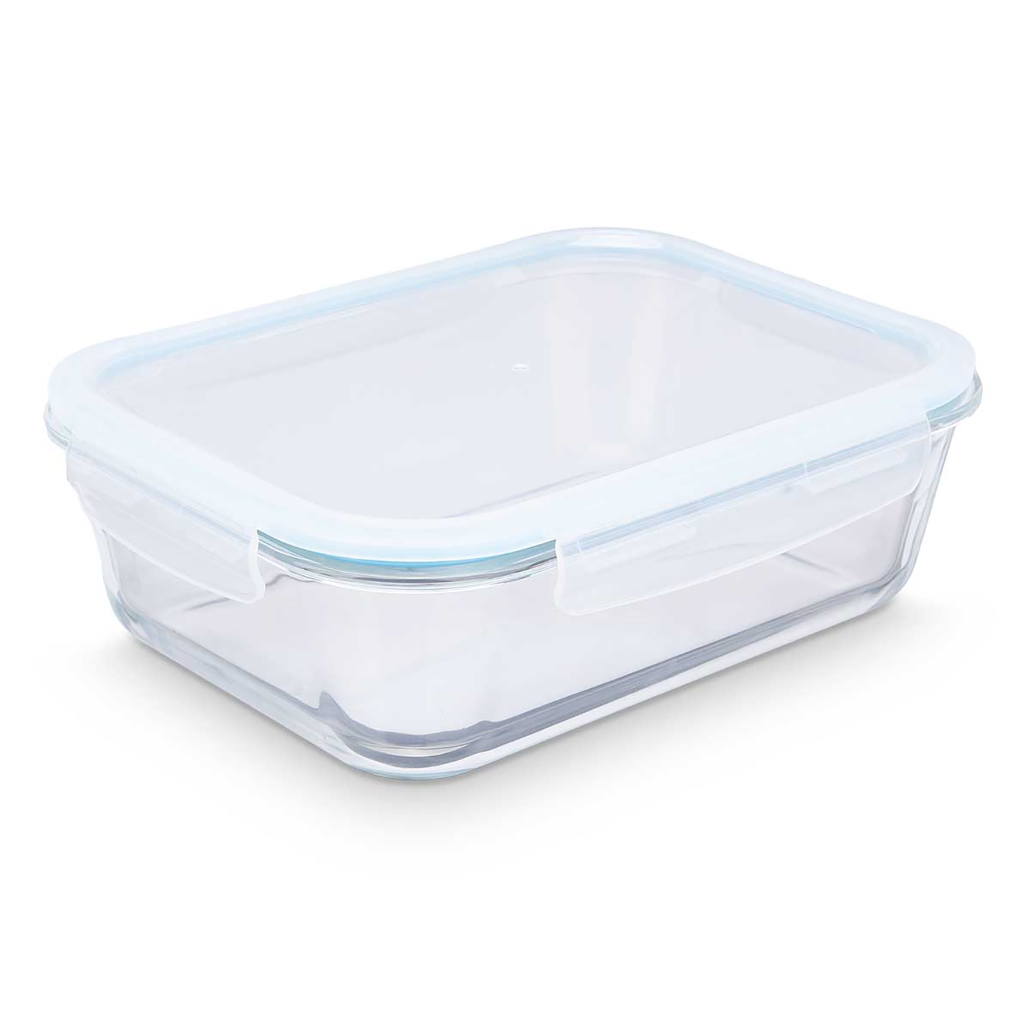 Un recipiente rectangular de vidrio con tapa de plástico azul, sobre una superficie blanca.