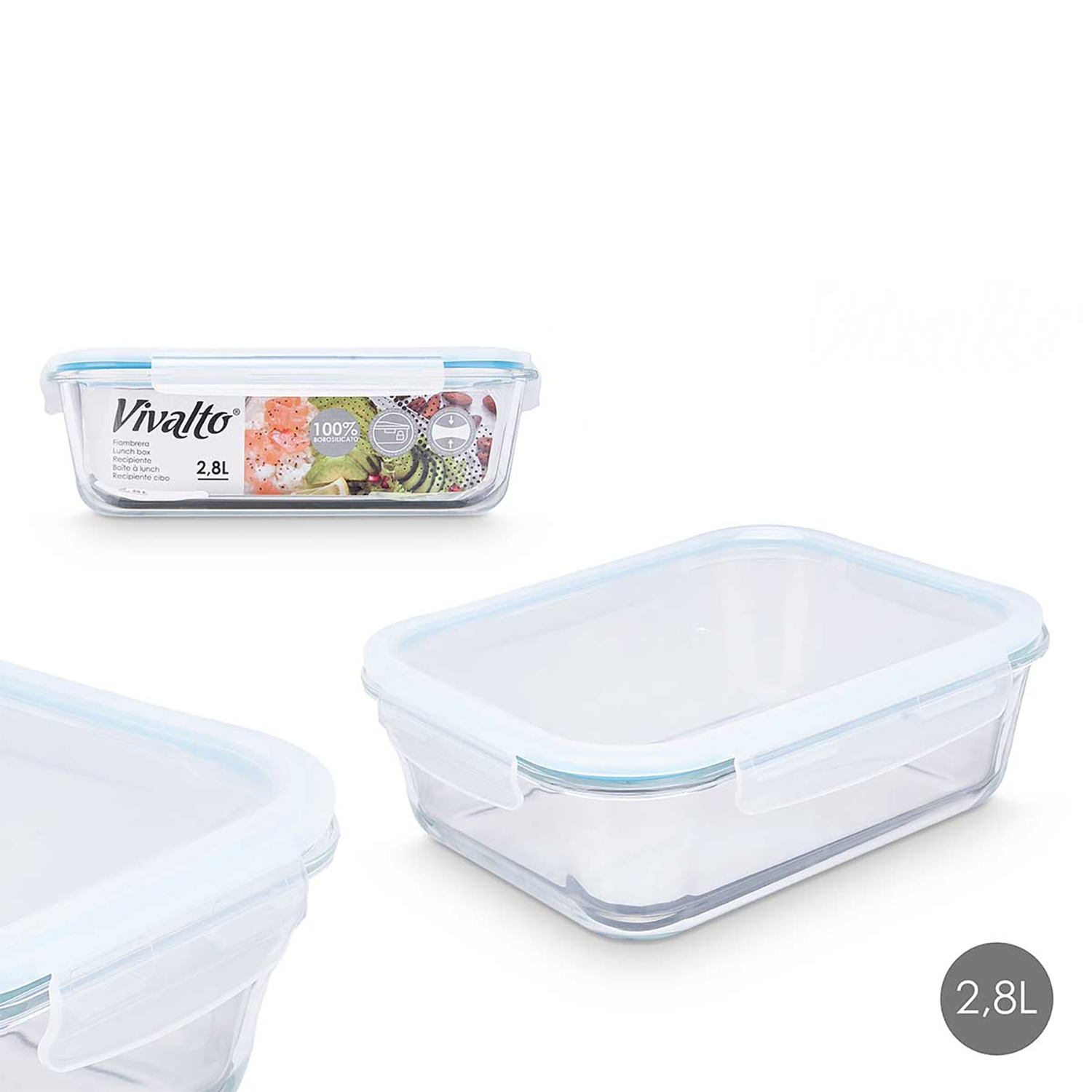Contenedor de alimentos de vidrio con tapa azul. Otro en el fondo. Fondo blanco.