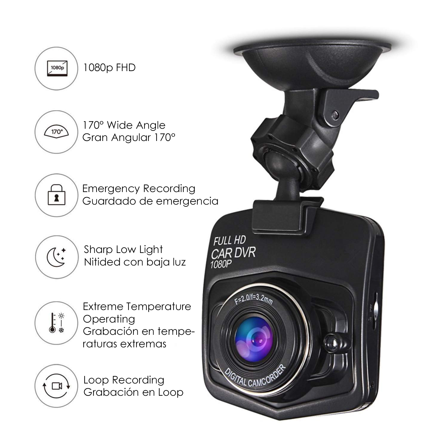 Cámara de tablero para coche negra con varios iconos que indican funciones y especificaciones.