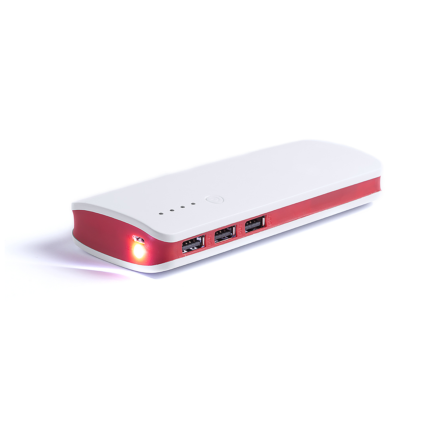 Banco de energía blanco y rojo con múltiples puertos USB y una luz roja.