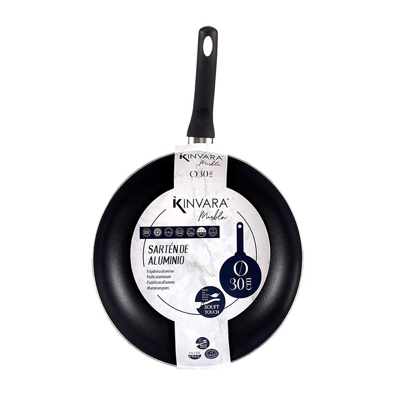 Schwarze Bratpfanne. Runde, schwarze Kochfläche mit Griff. Der Markenname ist Kinvara.