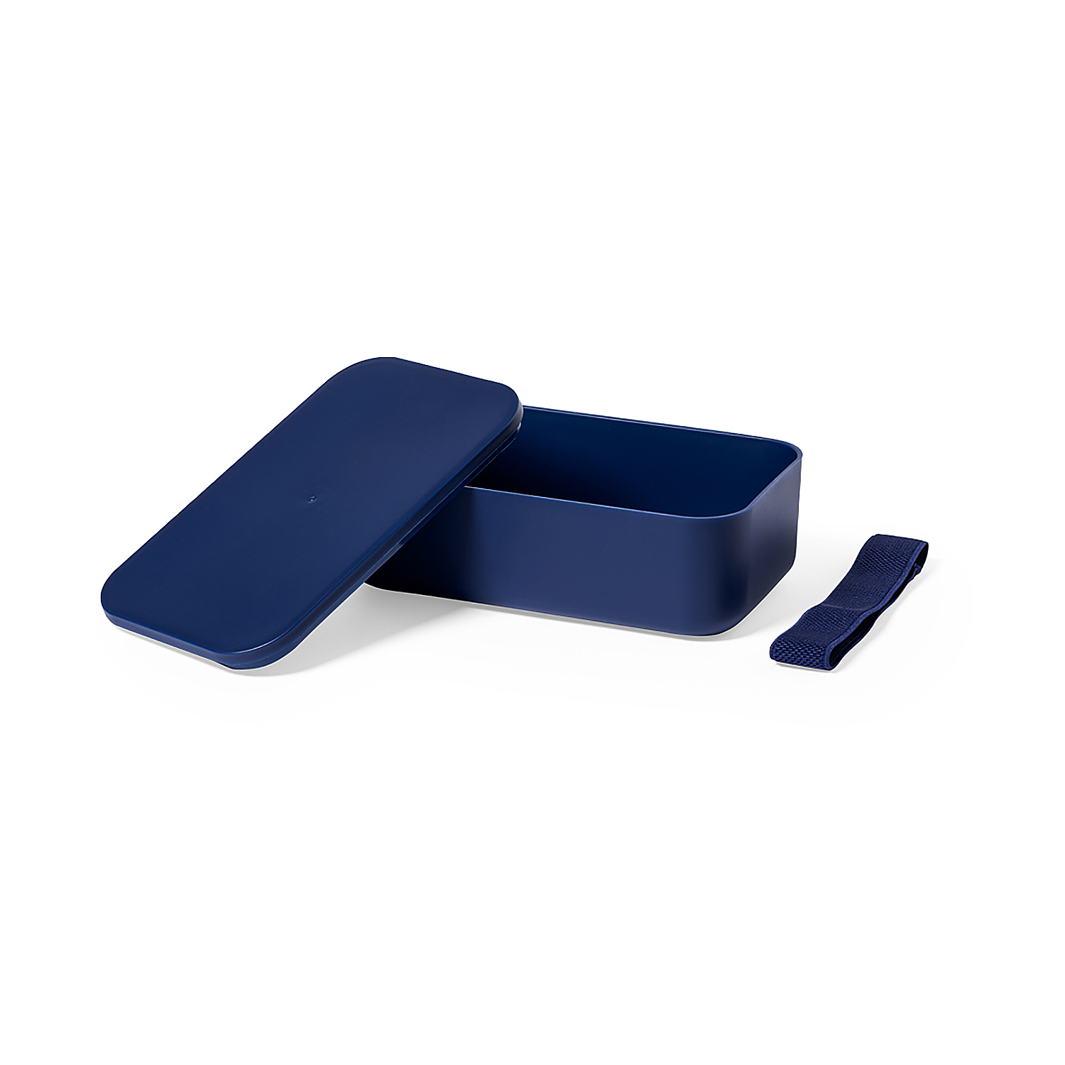 Contenitore blu navy con coperchio aperto, una piccola cinghia blu accanto.