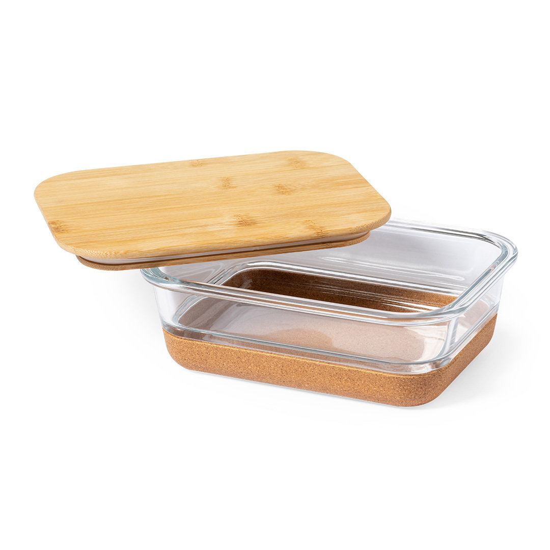 Contenedor de vidrio con tapa de madera. El contenedor tiene base de corcho.