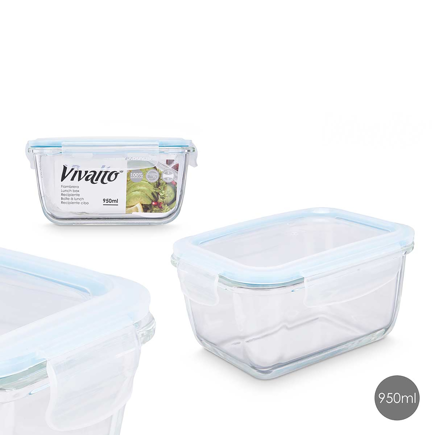 Tres recipientes de vidrio para alimentos, tapas azules, fondo blanco.
