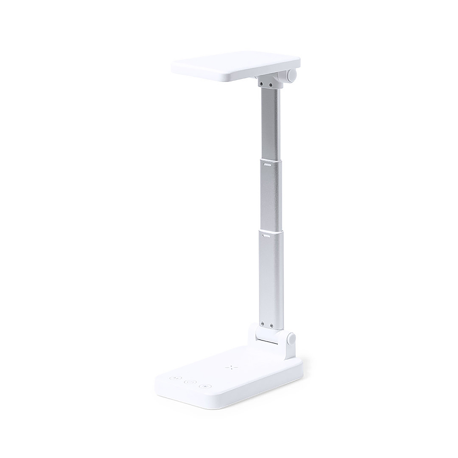 Weiße, verstellbare Schreibtischlampe mit kleinem Sockel, langem Stiel und rechteckigem Leuchtkopf.