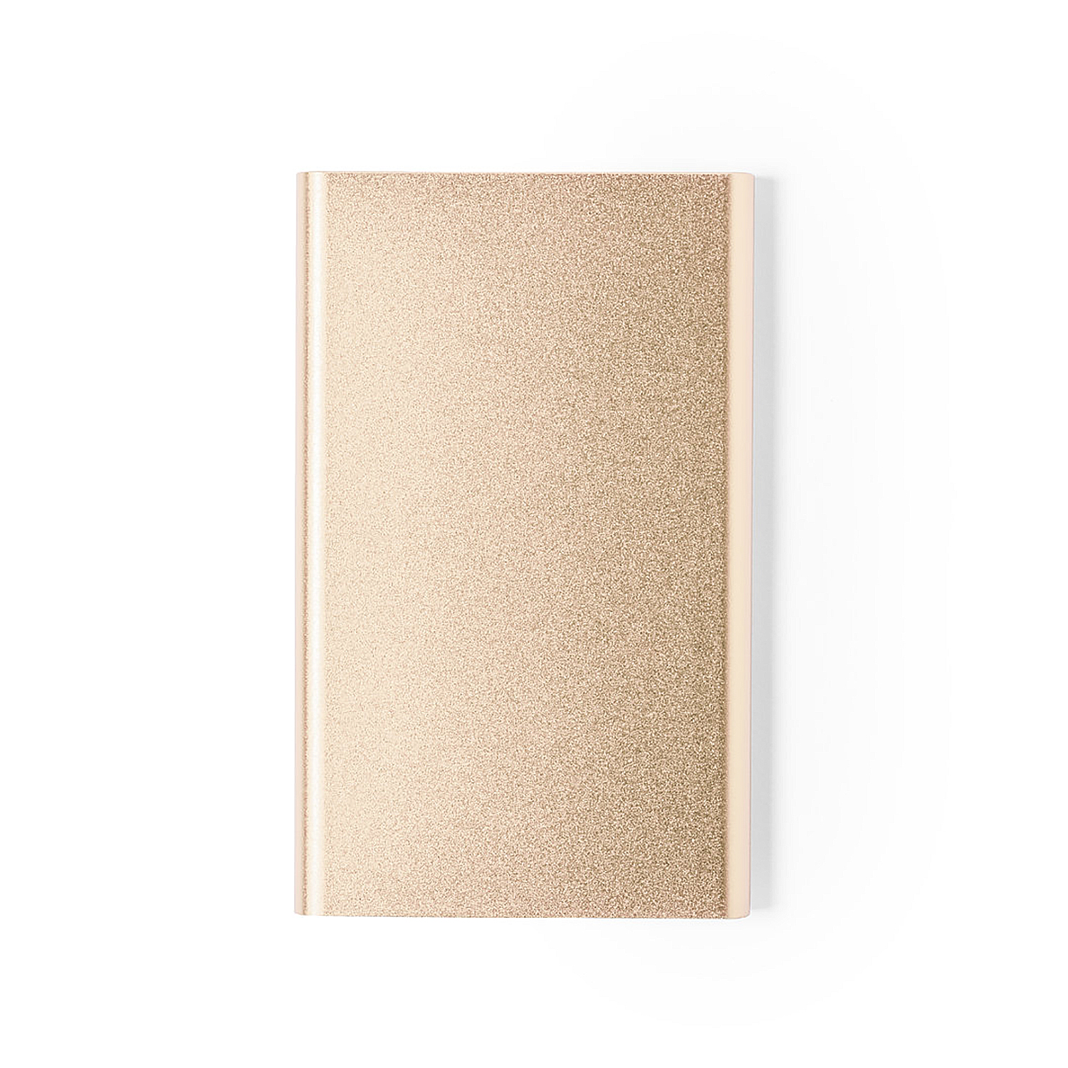 Un power bank rettangolare color oro rosa, visto dall'alto, su sfondo bianco.