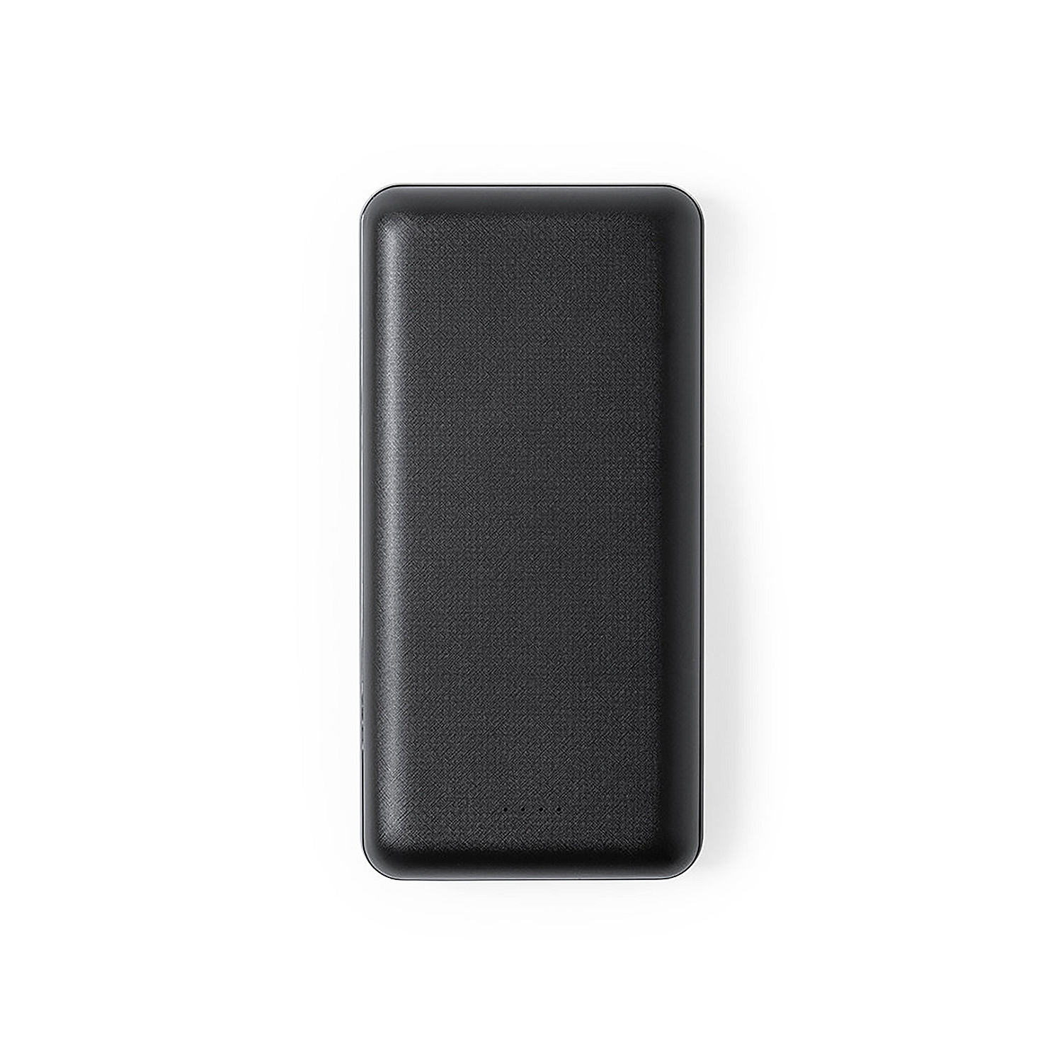 Power bank rettangolare nero, superficie strutturata su sfondo bianco.