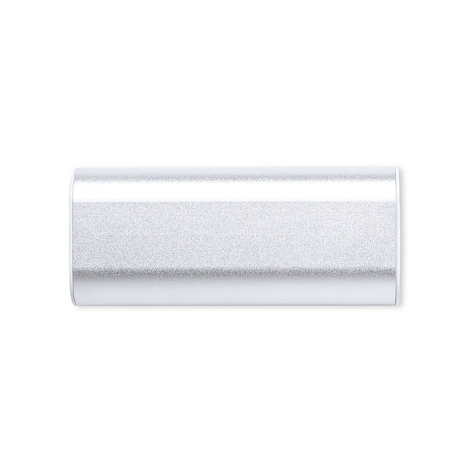 Un power bank metallico rettangolare argentato.