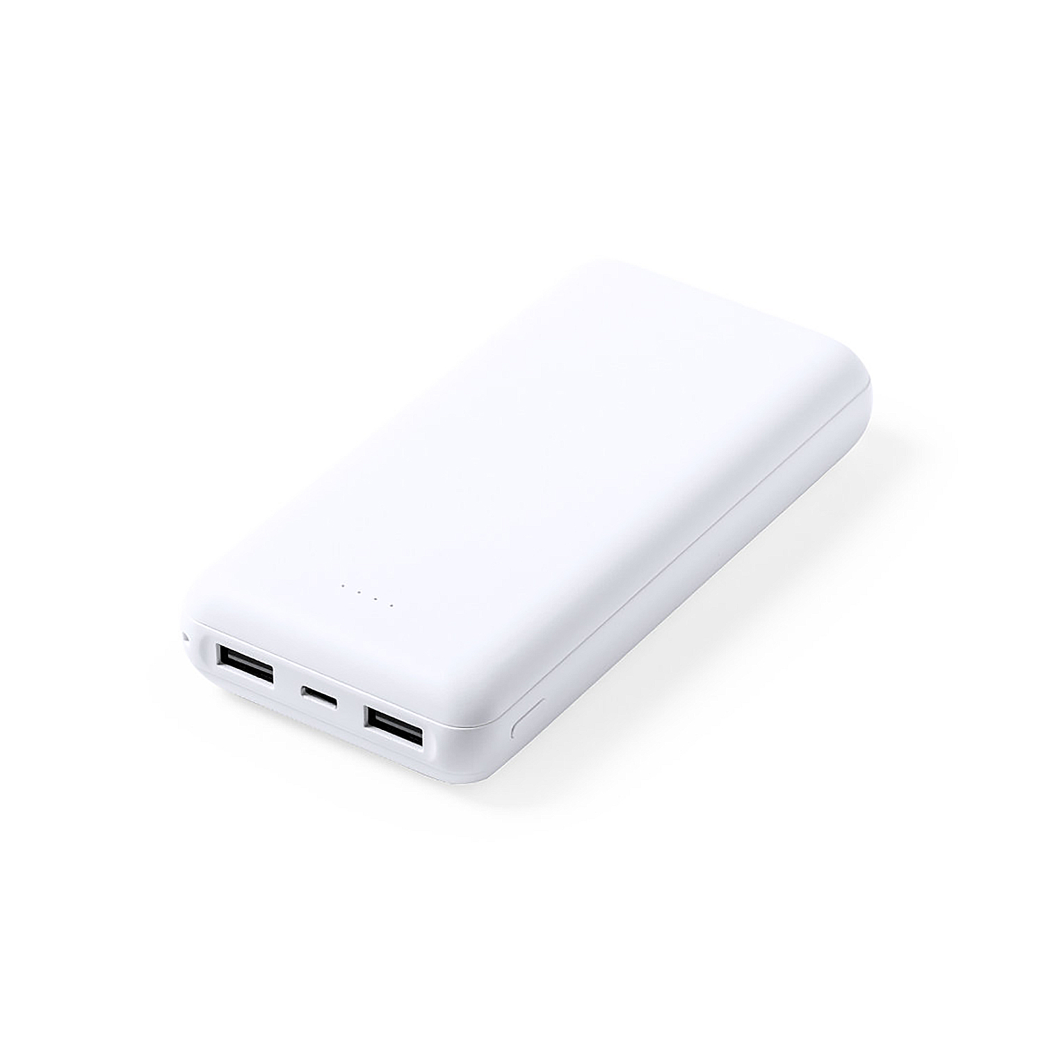 Power bank bianca con due porte USB e una porta USB-C. La superficie è liscia e vuota.