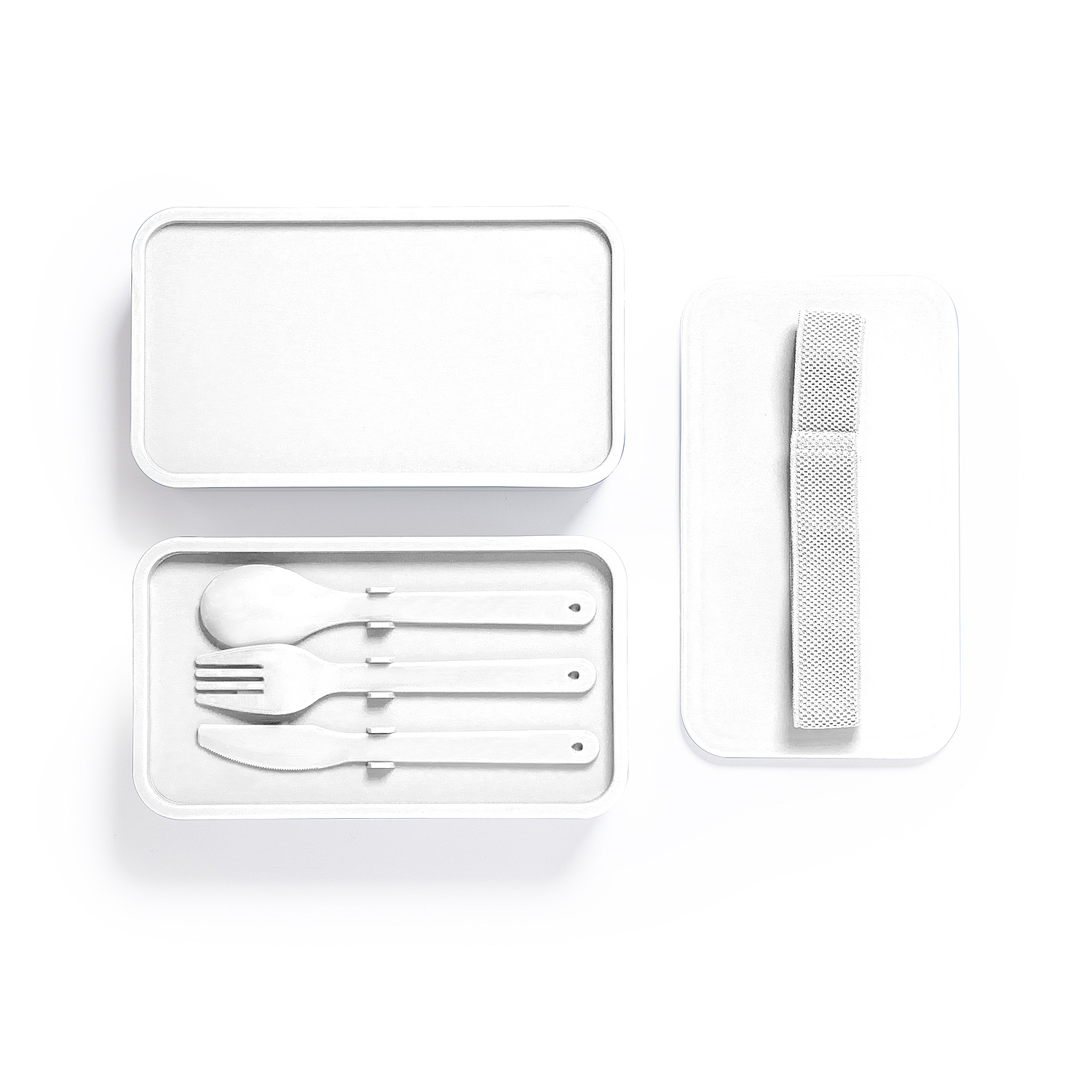 Fiambrera blanca con utensilios: cuchara, tenedor y cuchillo.